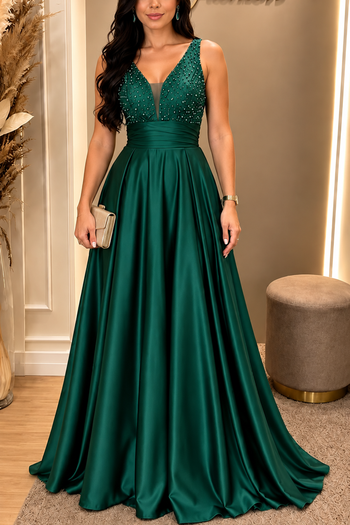 V Neck Beaded Pleated Hem Maxi Gown