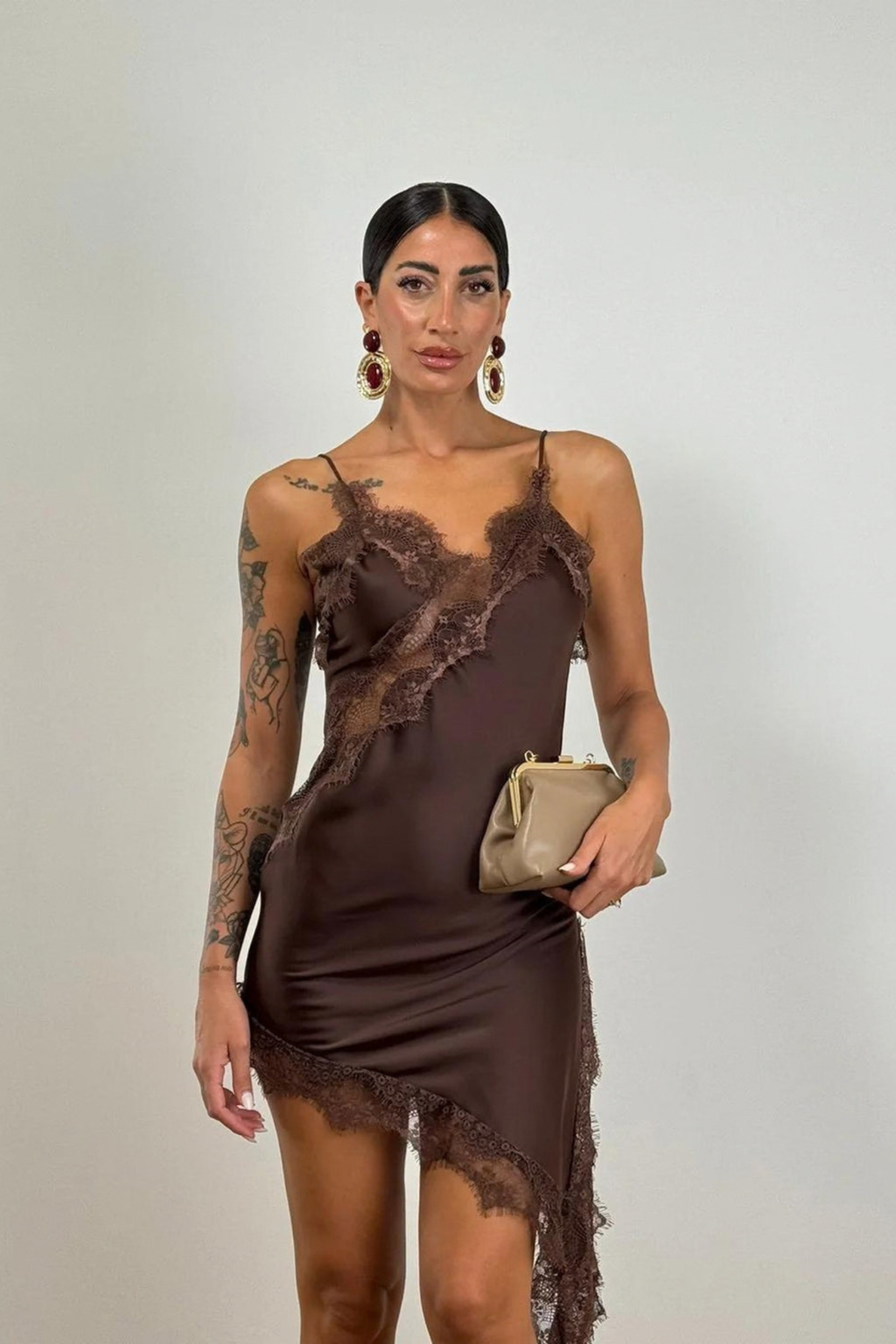Brown Lace Trim Mini Dress