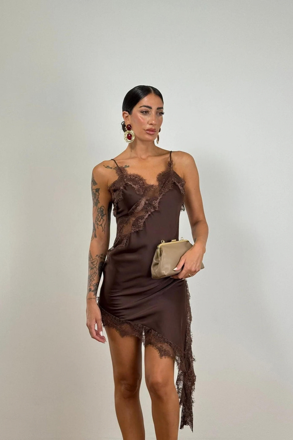 Brown Lace Trim Mini Dress