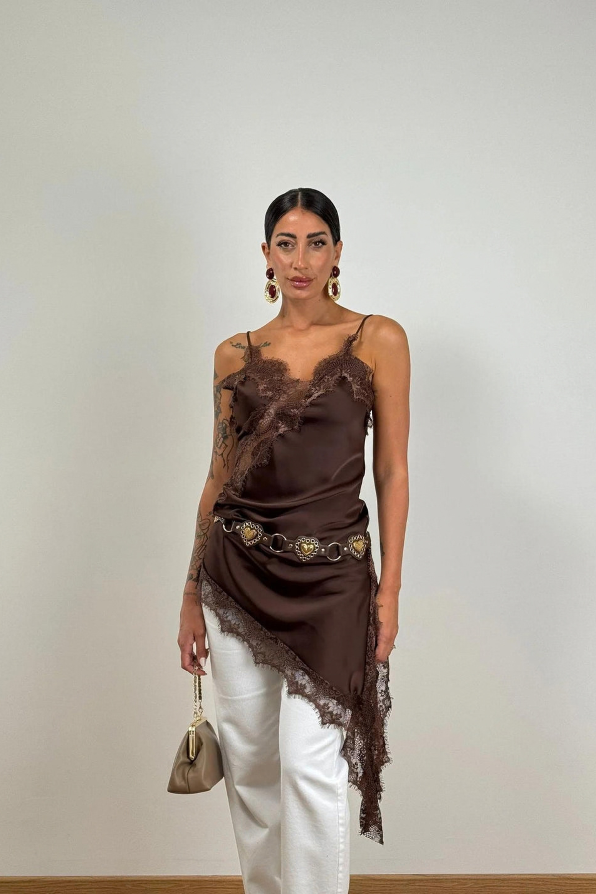 Brown Lace Trim Mini Dress