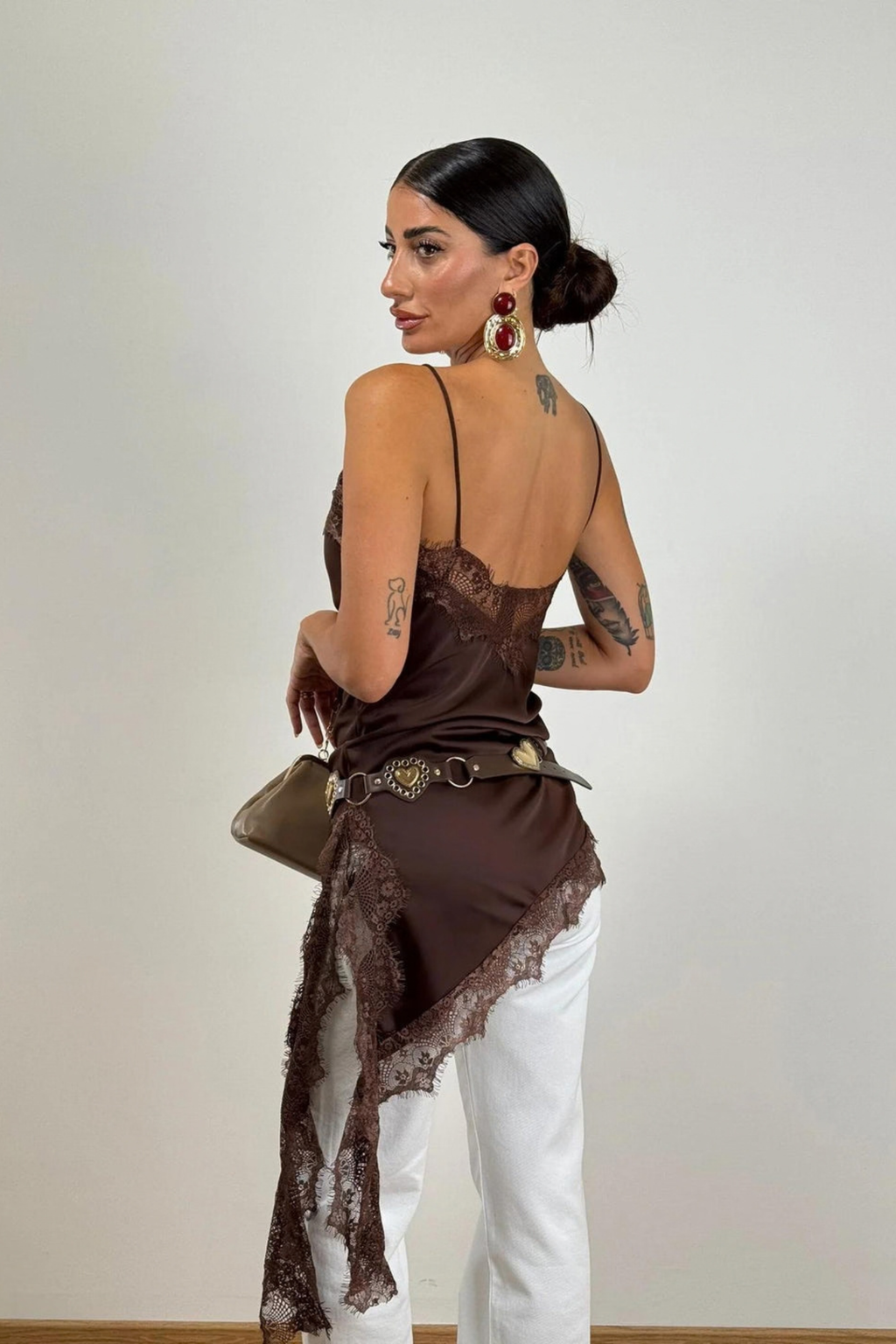 Brown Lace Trim Mini Dress