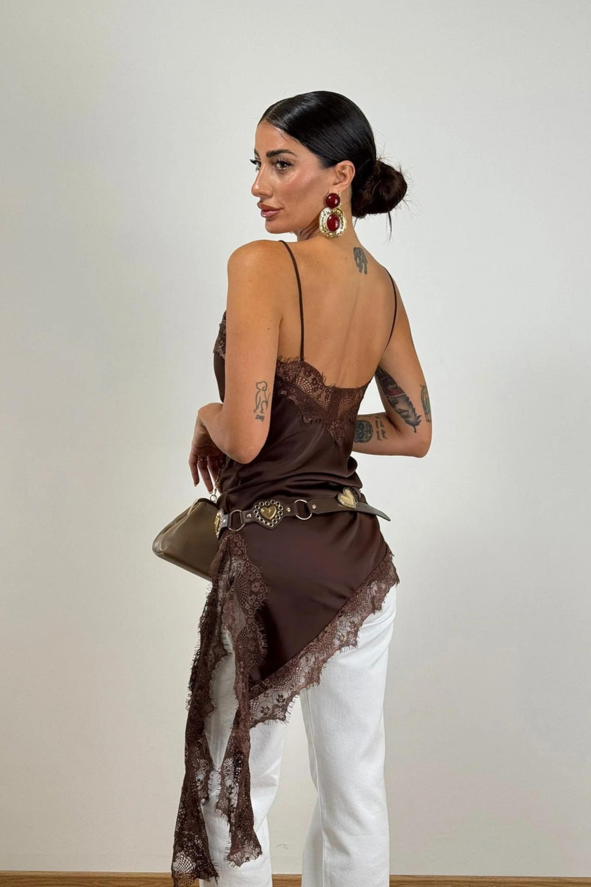 Brown Lace Trim Mini Dress