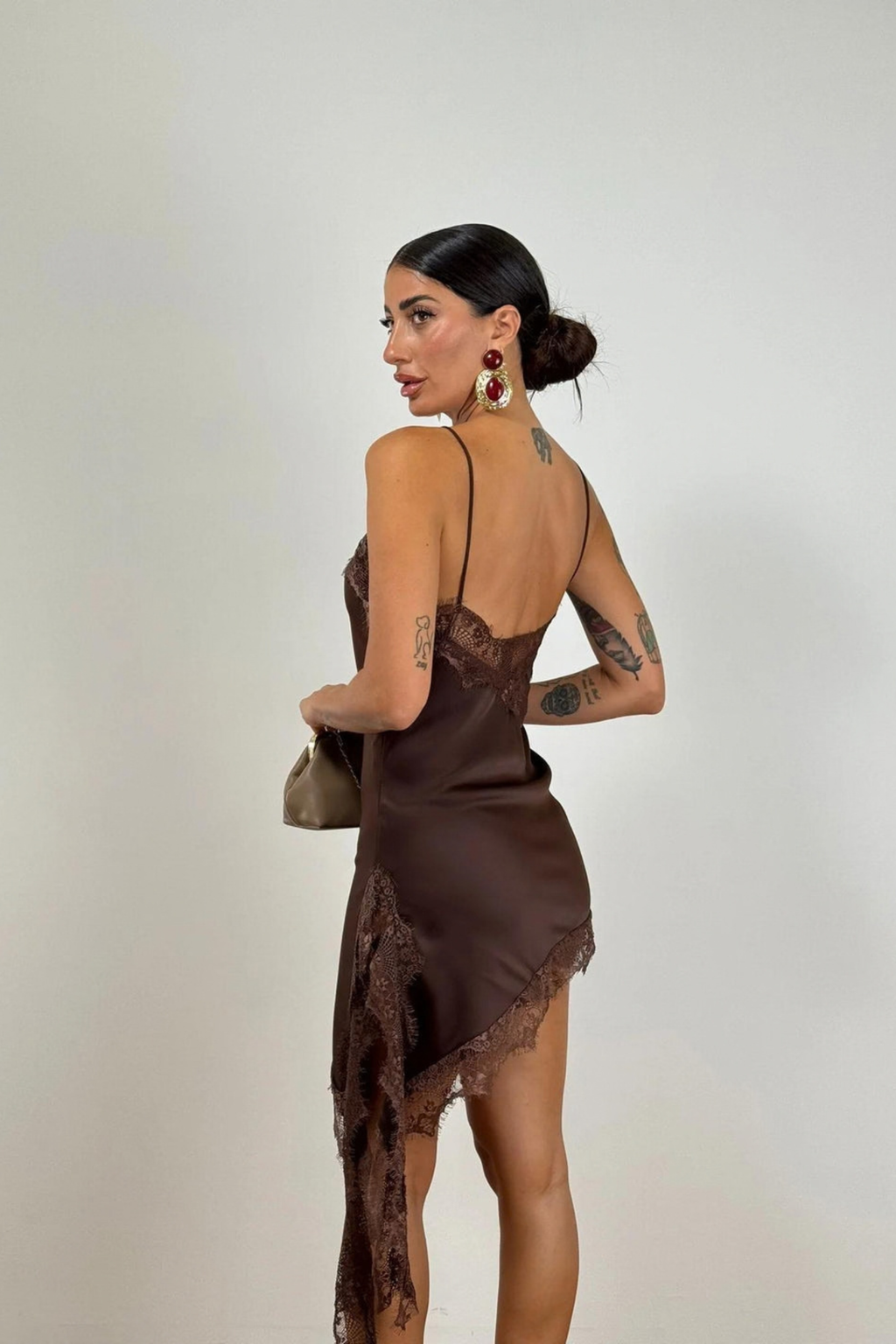 Brown Lace Trim Mini Dress