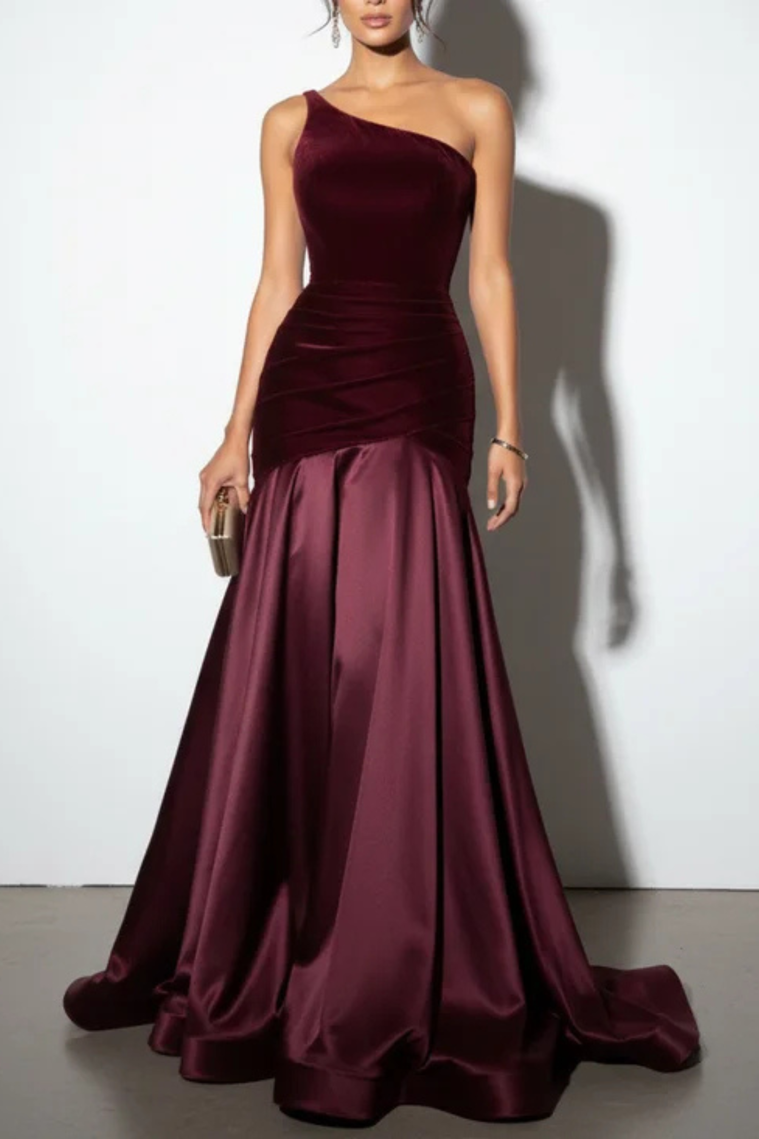 Burgundy One Shoulder Satin Velvet Gown