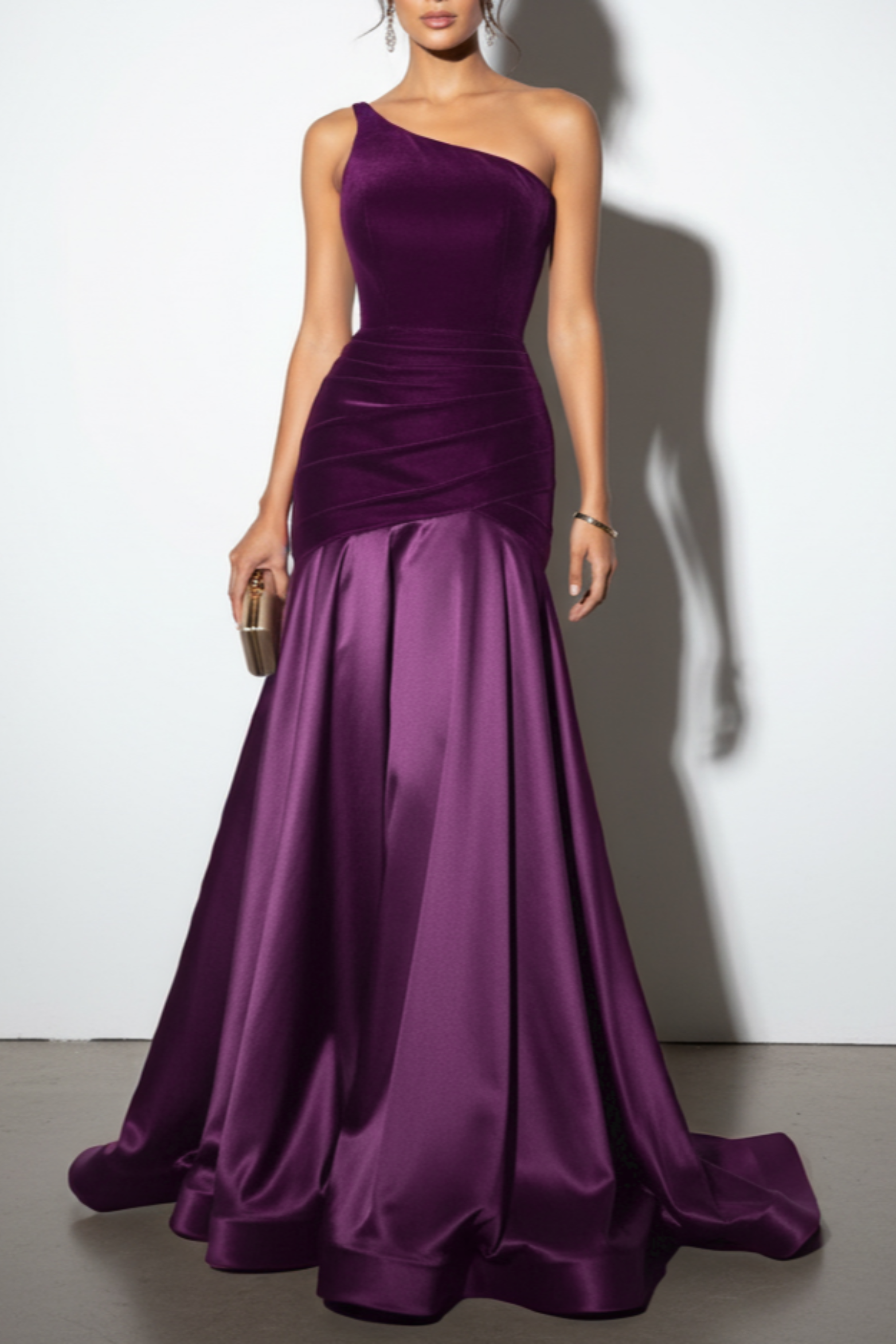 Burgundy One Shoulder Satin Velvet Gown