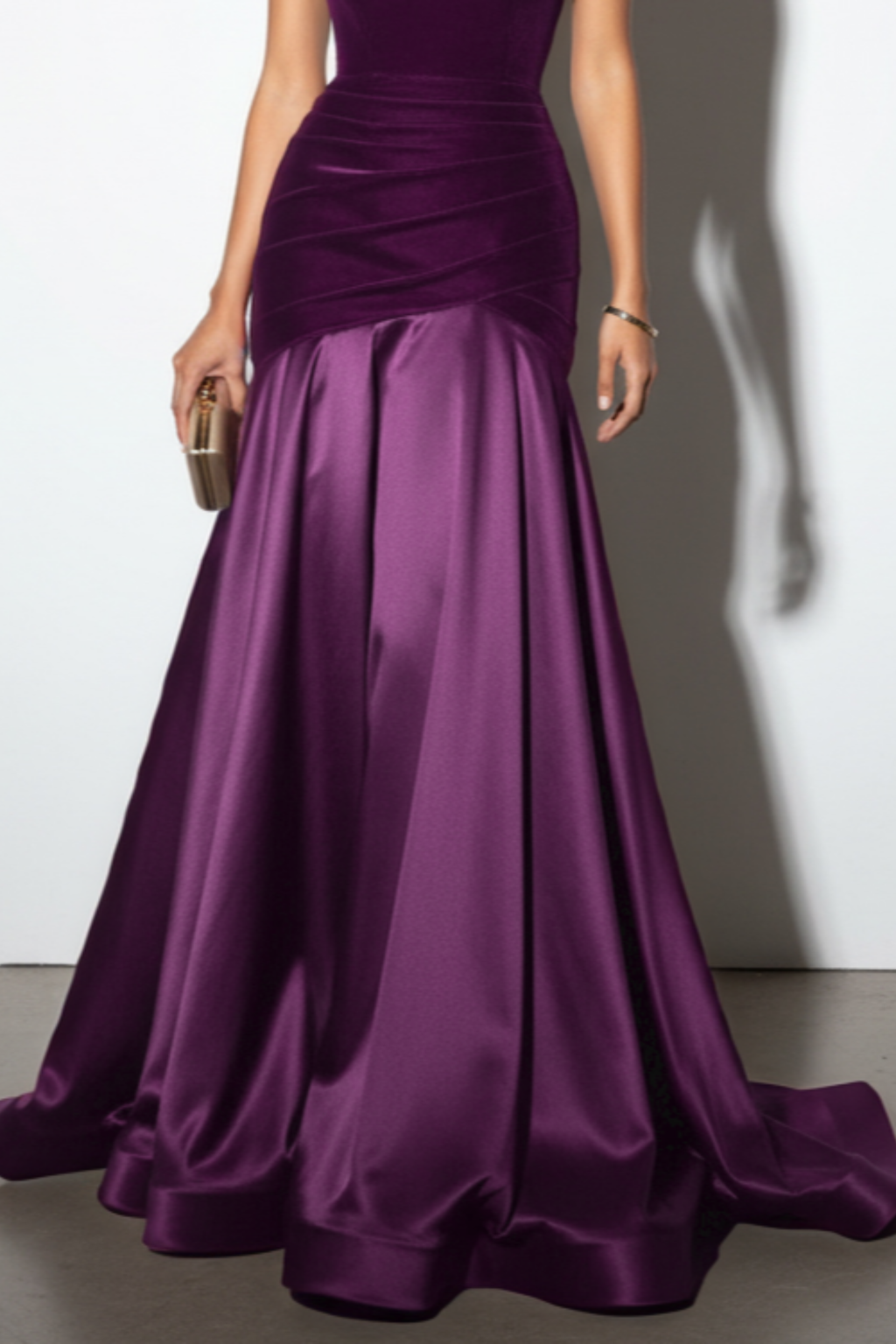 Burgundy One Shoulder Satin Velvet Gown