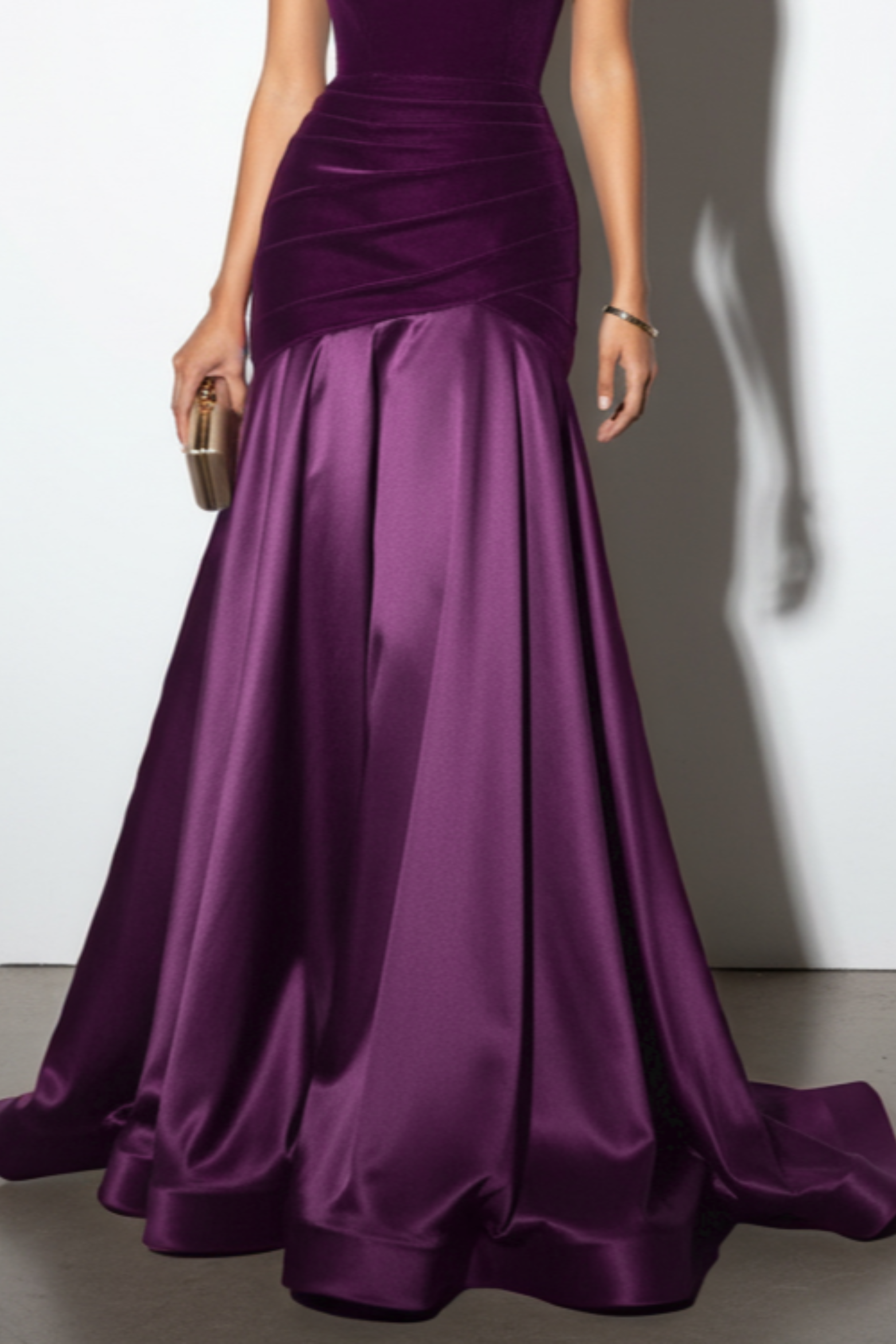 Burgundy One Shoulder Satin Velvet Gown