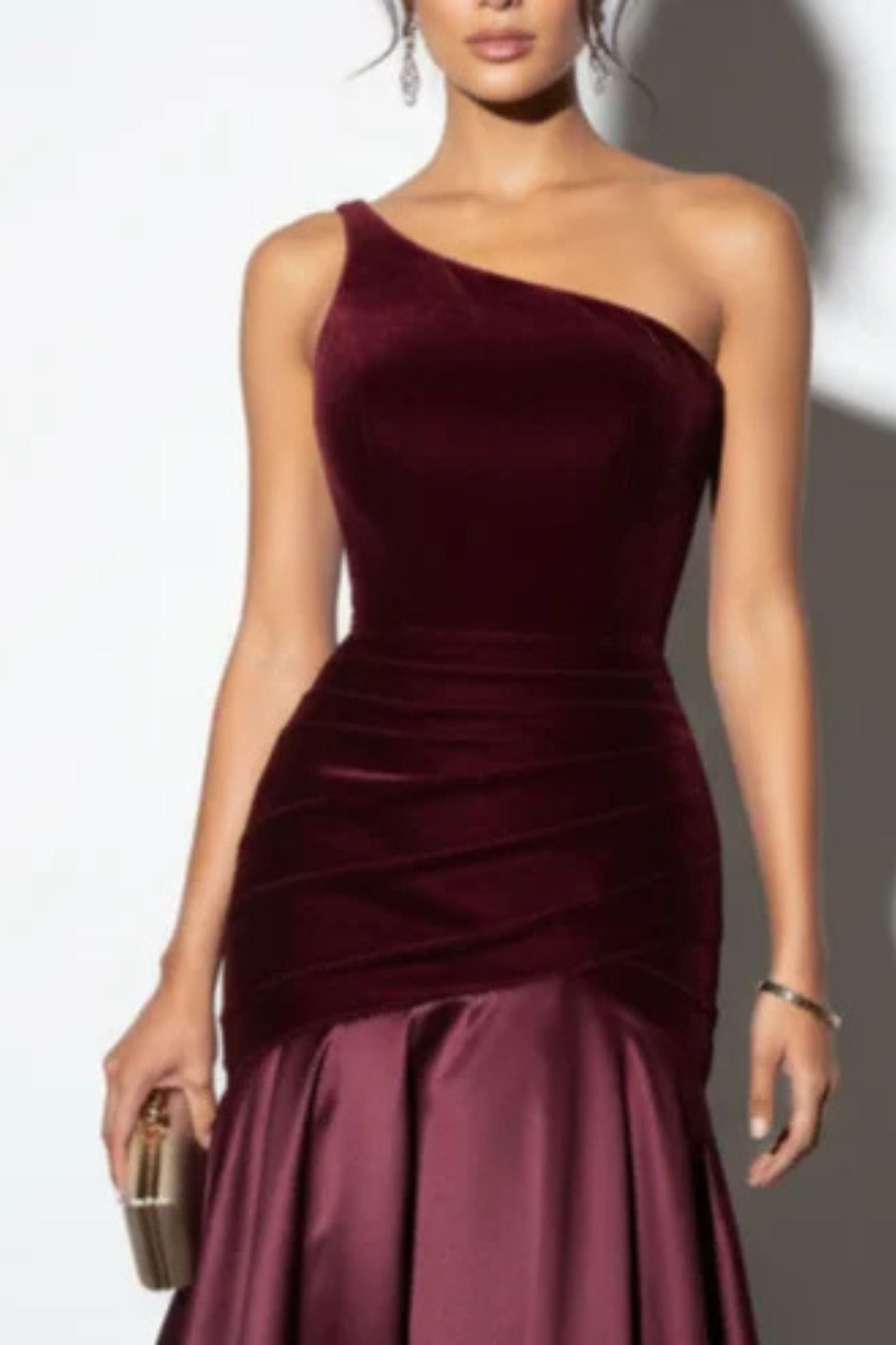 Burgundy One Shoulder Satin Velvet Gown