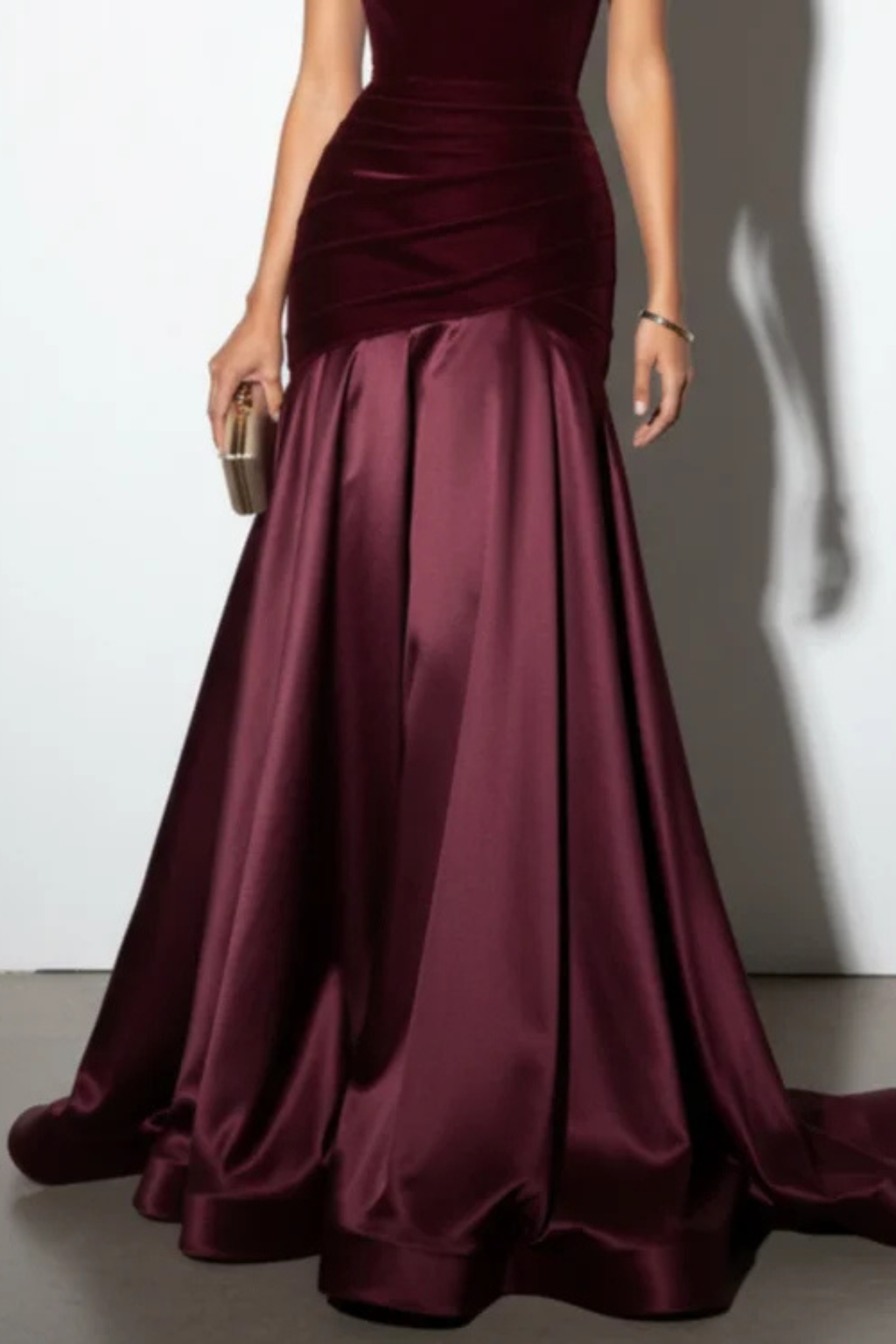 Burgundy One Shoulder Satin Velvet Gown