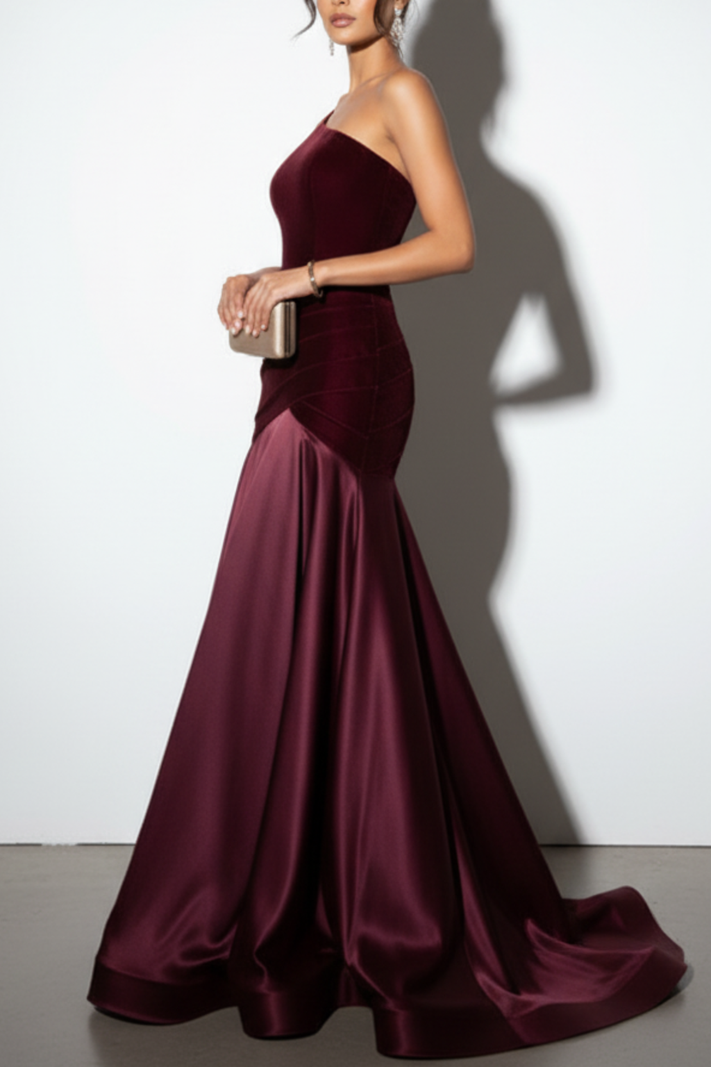 Burgundy One Shoulder Satin Velvet Gown