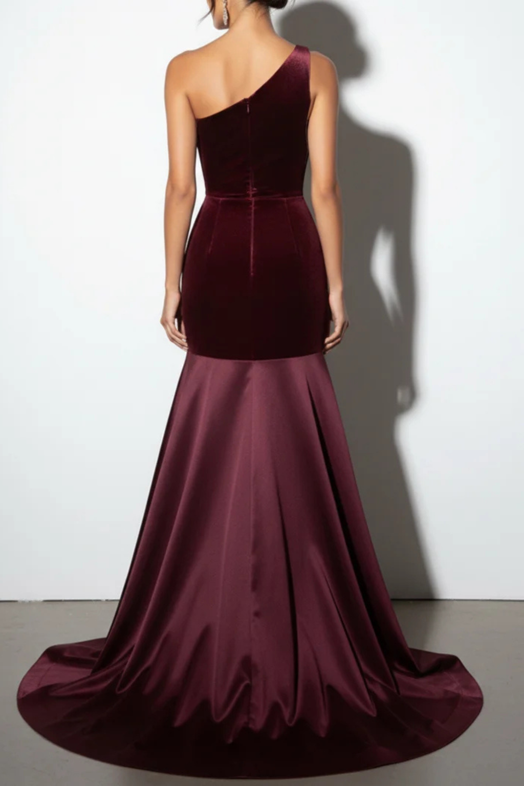 Burgundy One Shoulder Satin Velvet Gown