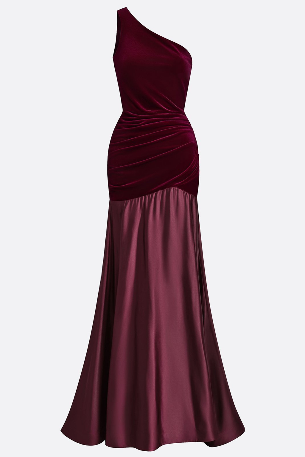 Burgundy One Shoulder Satin Velvet Gown