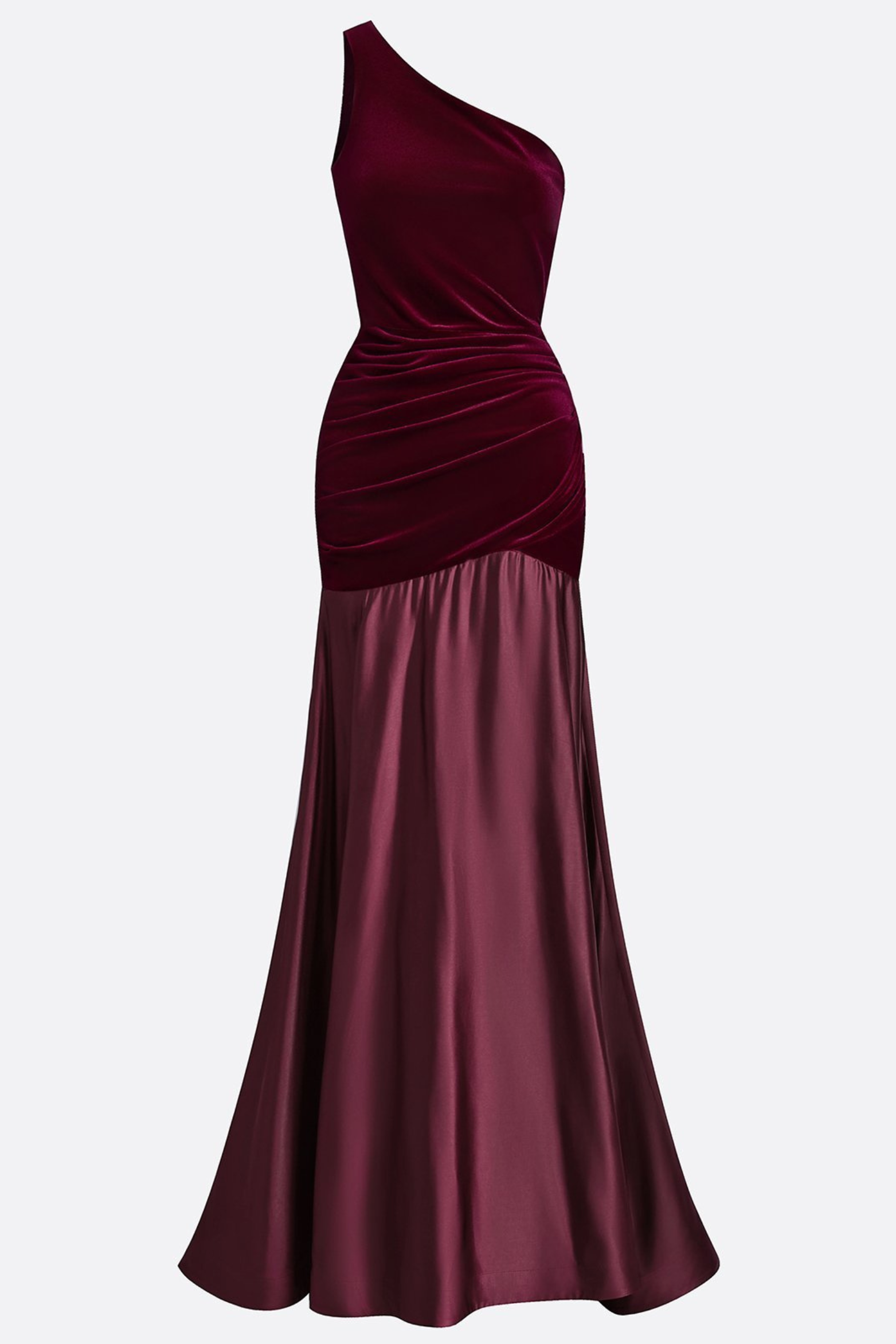 Burgundy One Shoulder Satin Velvet Gown