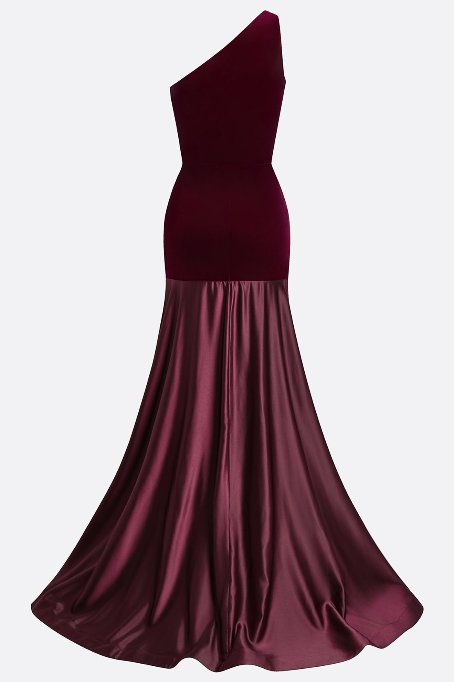 Burgundy One Shoulder Satin Velvet Gown