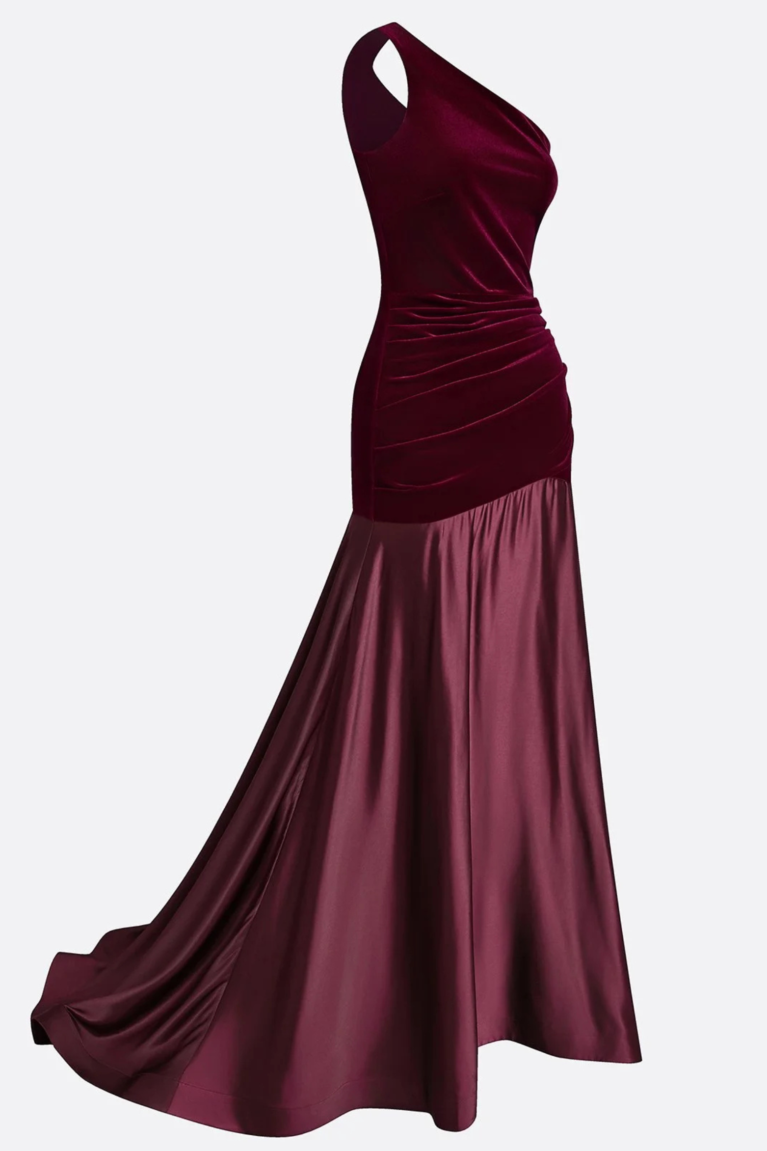 Burgundy One Shoulder Satin Velvet Gown