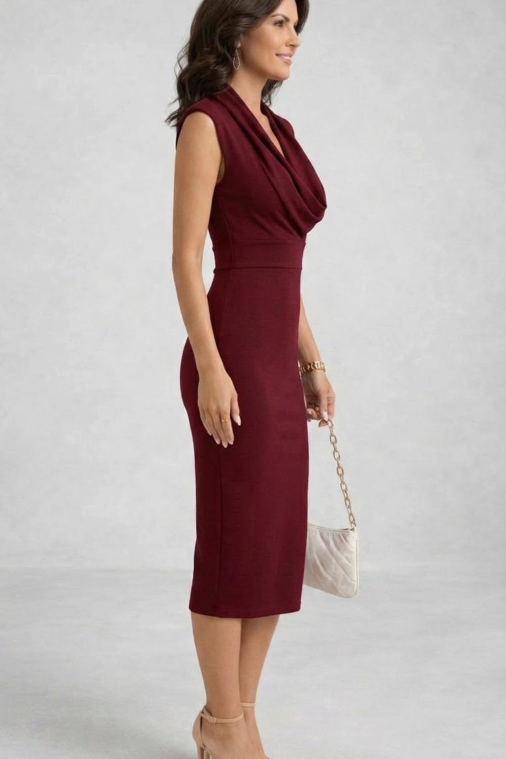 Cowl Neck Sleeveless Midi Cocktail Dress