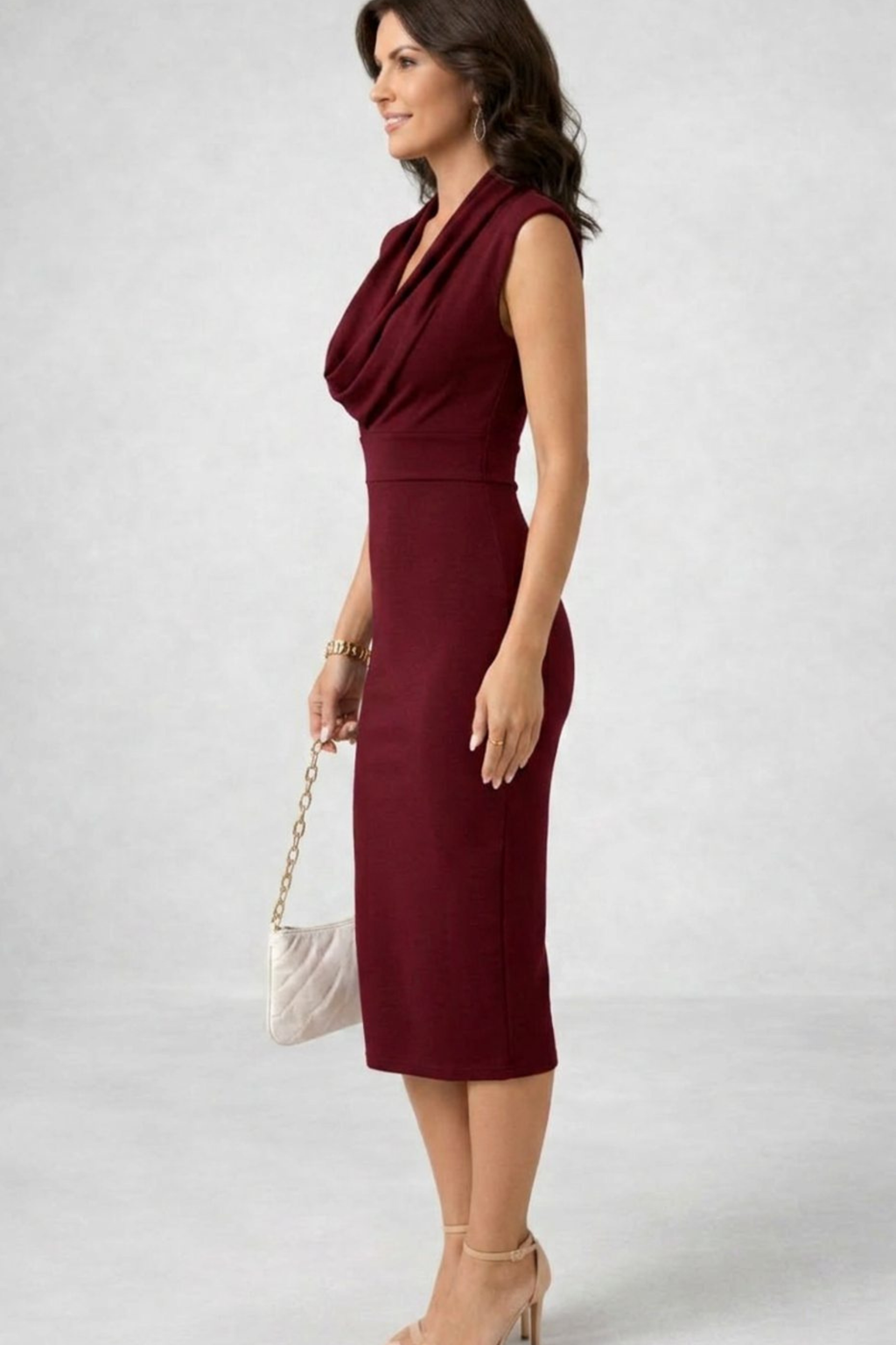 Cowl Neck Sleeveless Midi Cocktail Dress