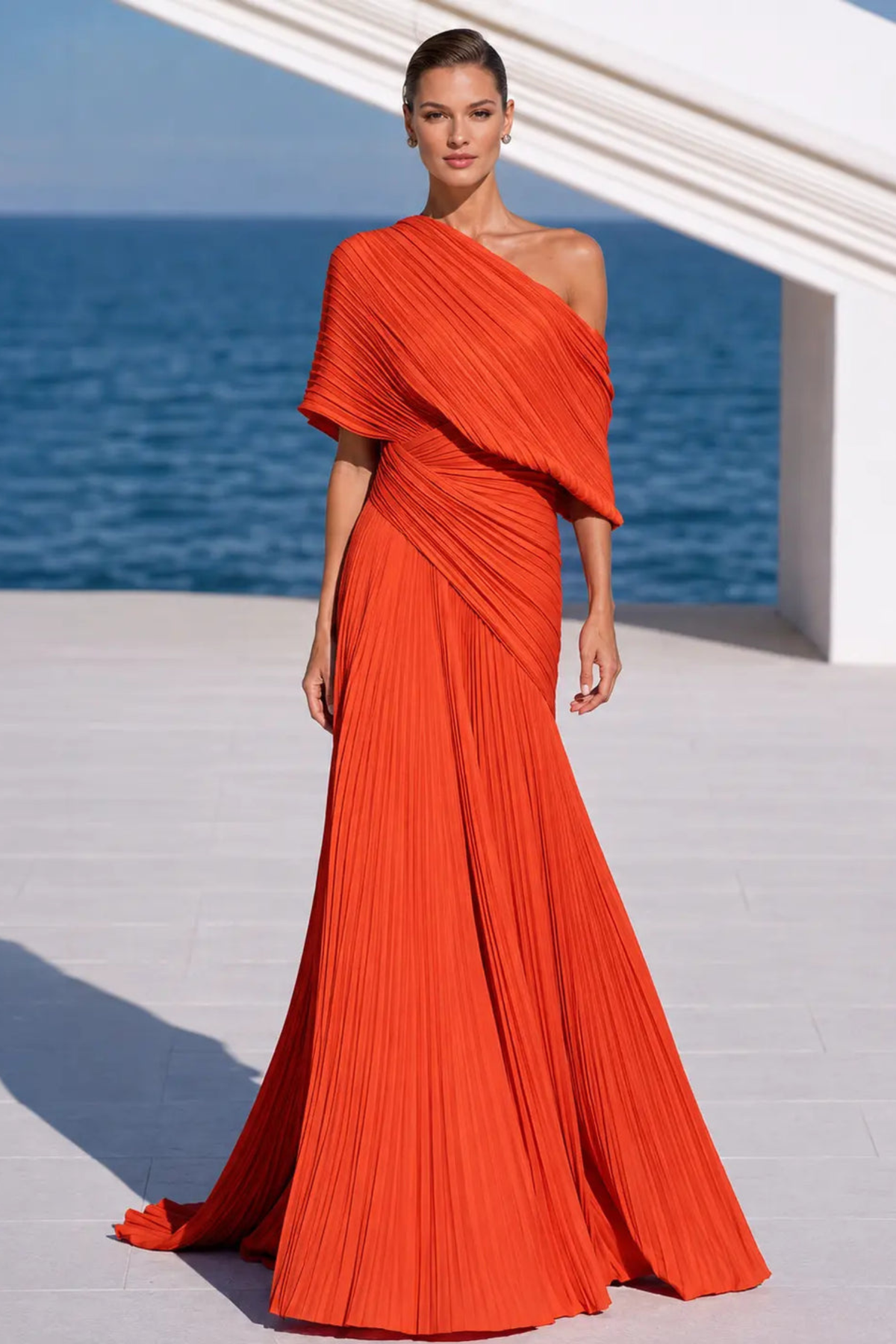 Draped One Shoulder Pleated Evening Gown