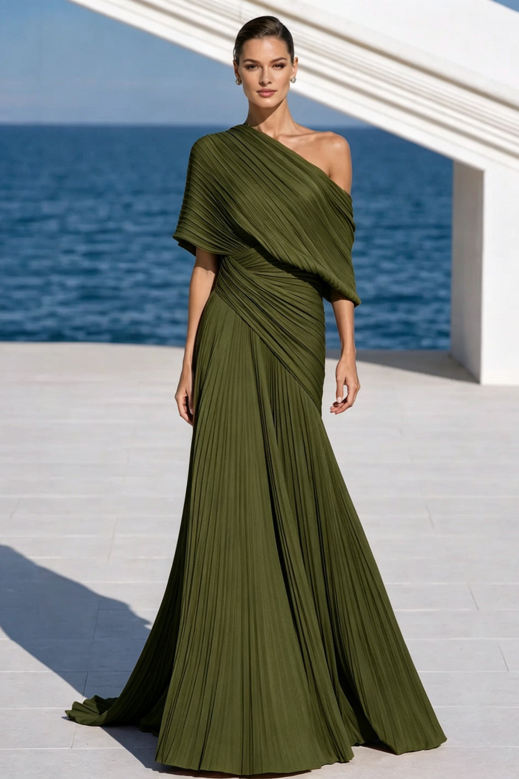 Draped One Shoulder Pleated Evening Gown