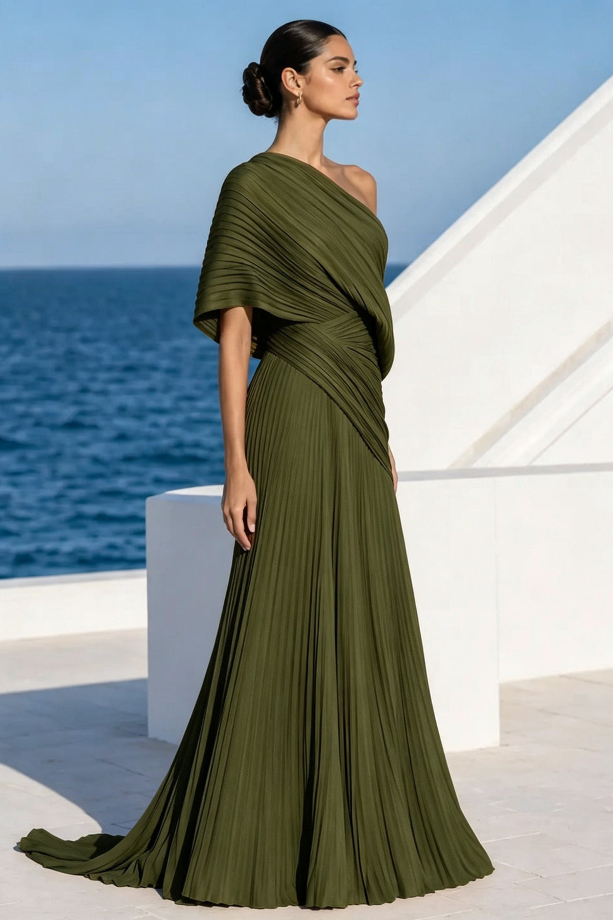 Draped One Shoulder Pleated Evening Gown