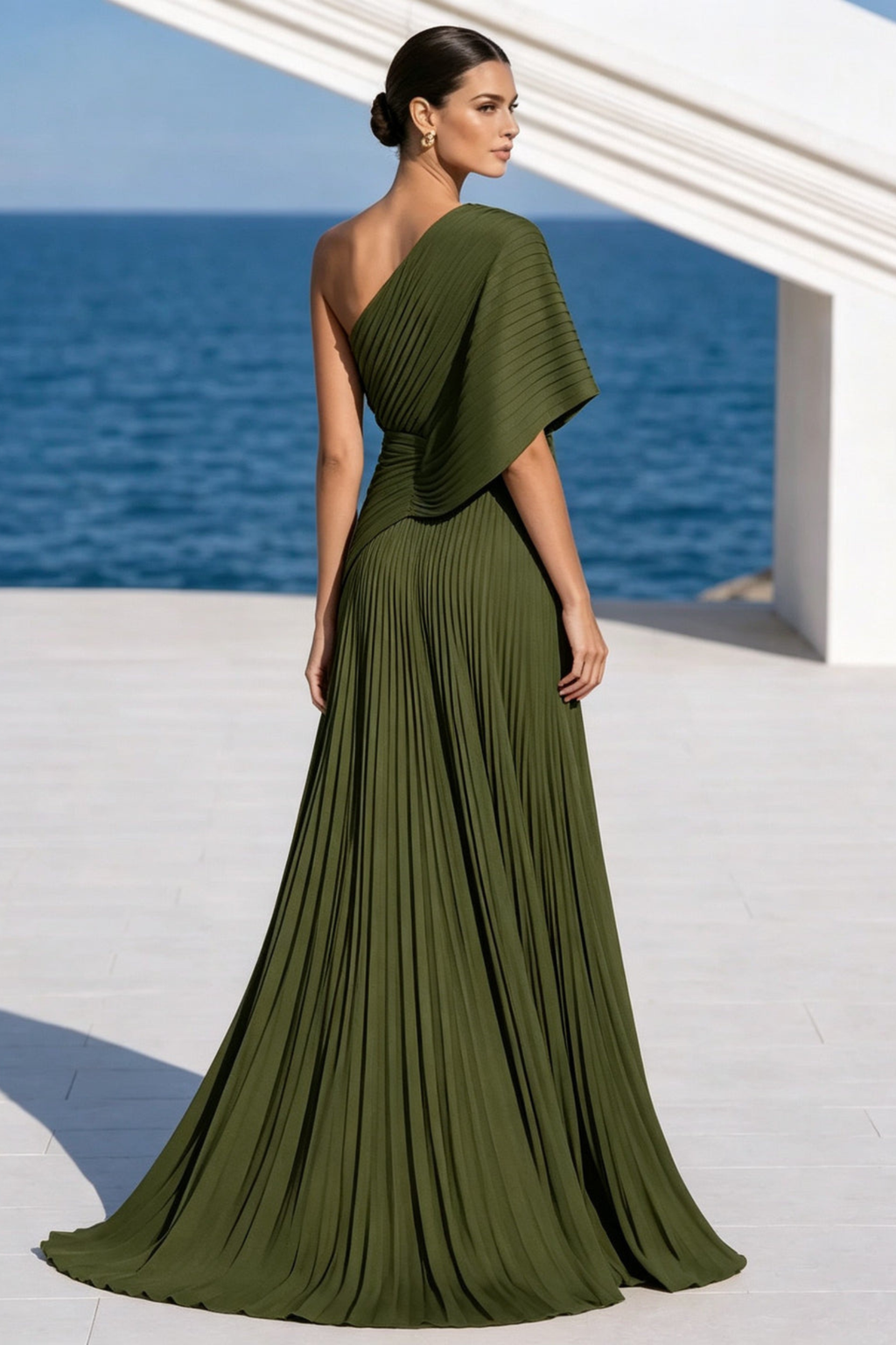 Draped One Shoulder Pleated Evening Gown