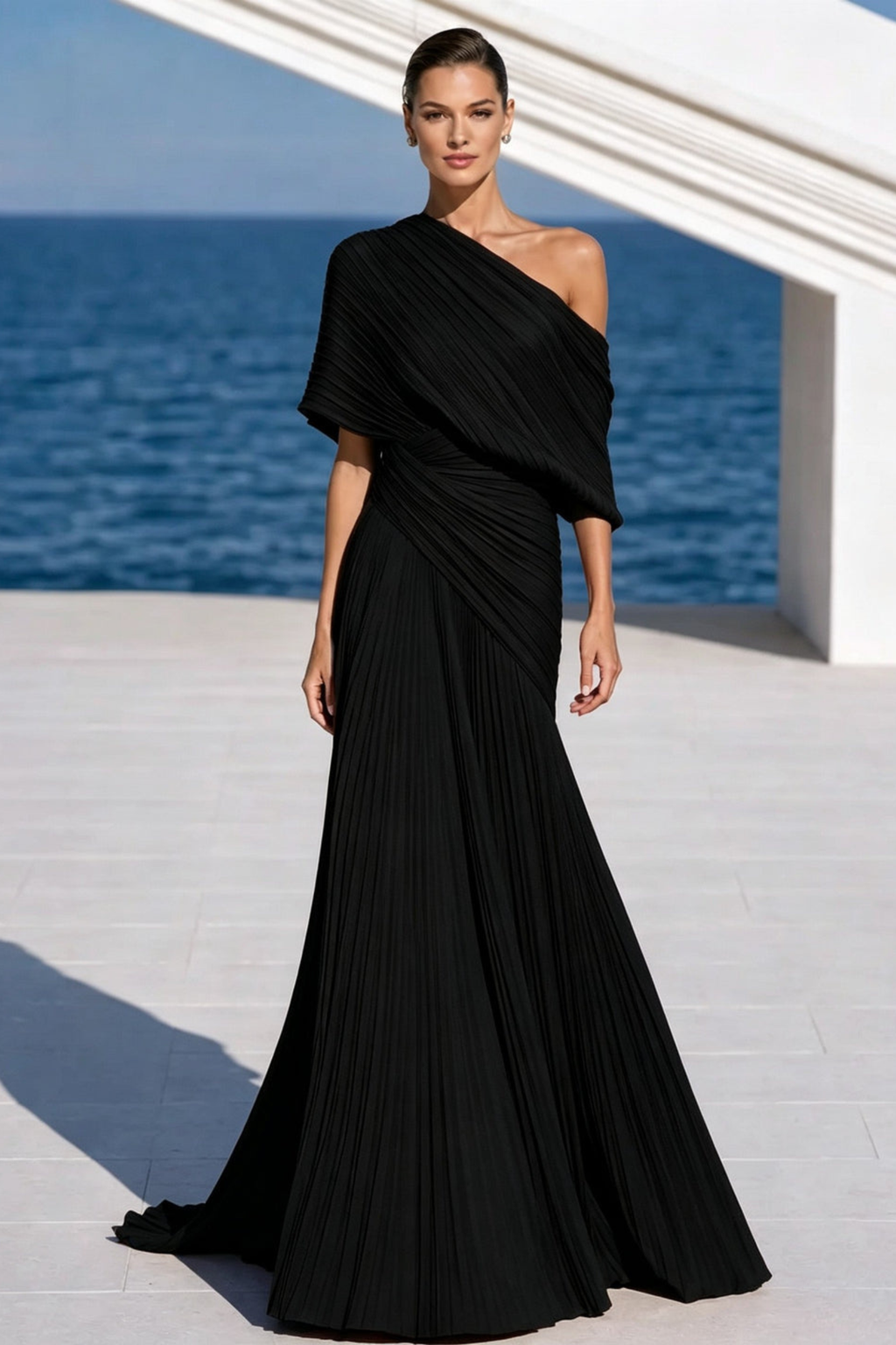 Draped One Shoulder Pleated Evening Gown