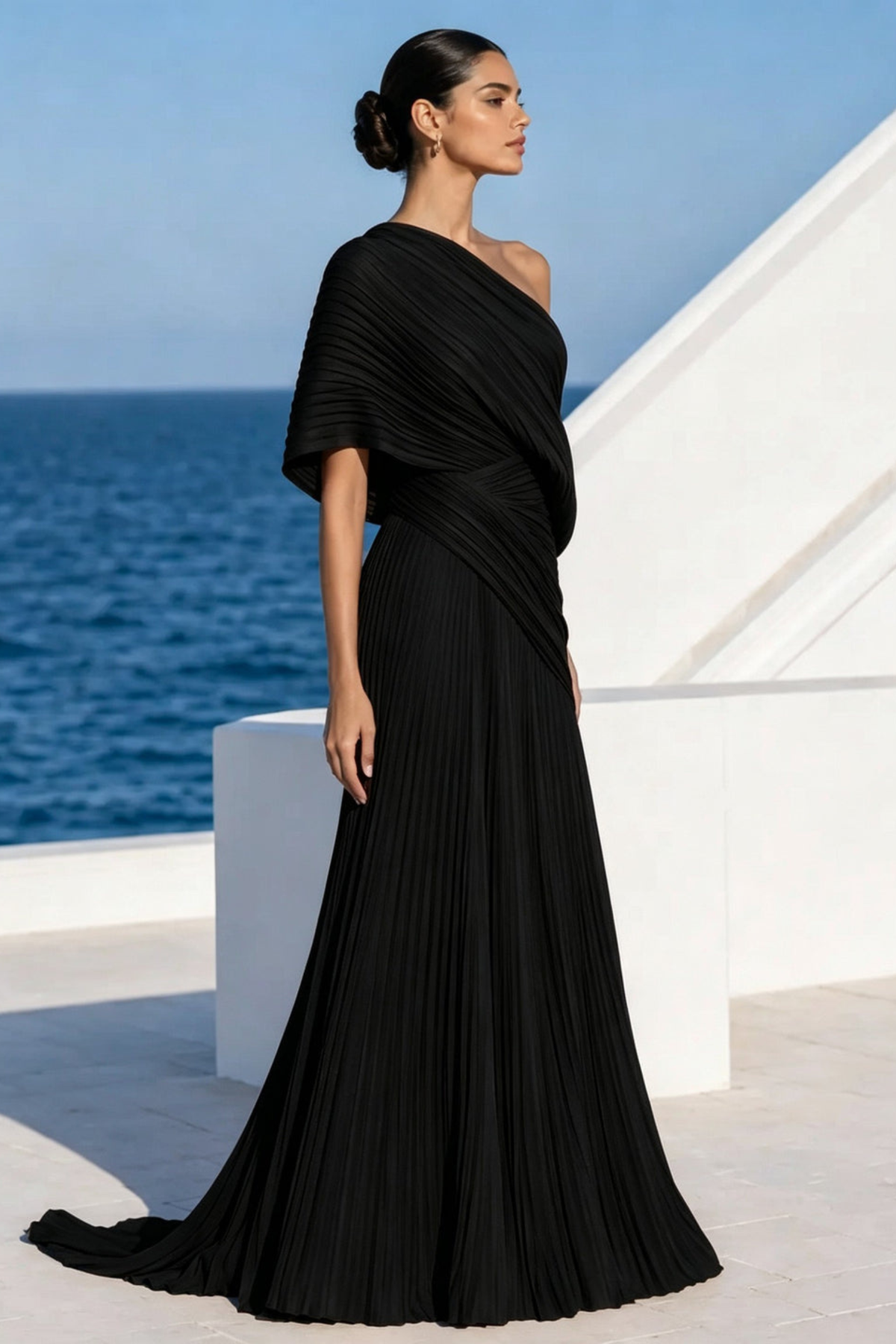 Draped One Shoulder Pleated Evening Gown
