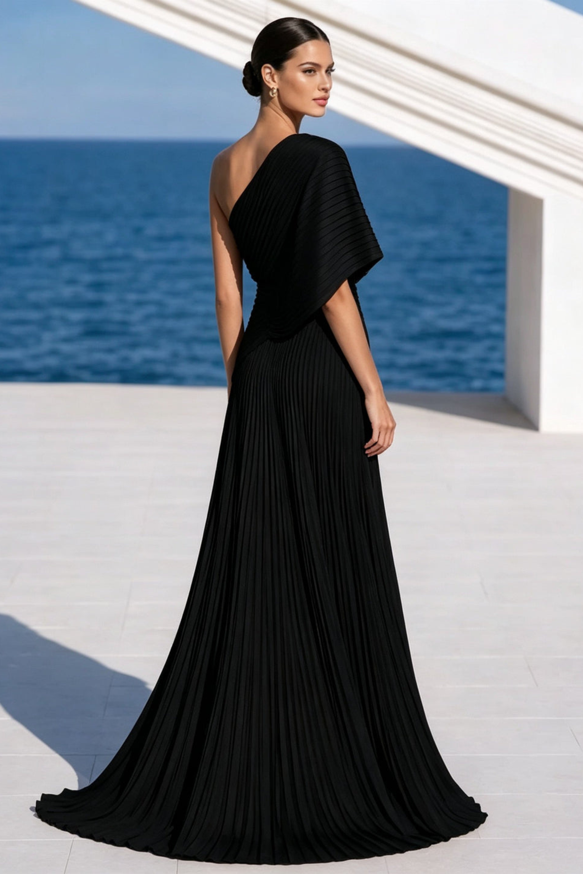 Draped One Shoulder Pleated Evening Gown