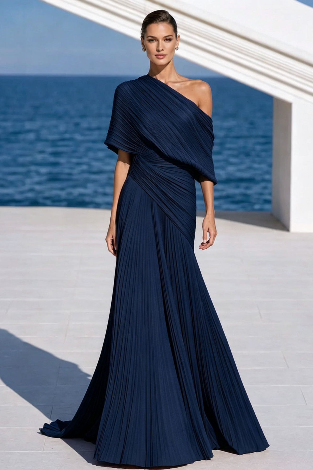 Draped One Shoulder Pleated Evening Gown