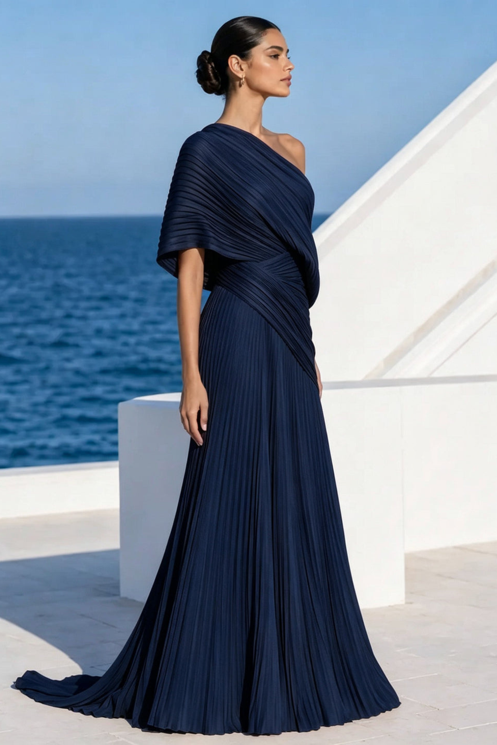 Draped One Shoulder Pleated Evening Gown