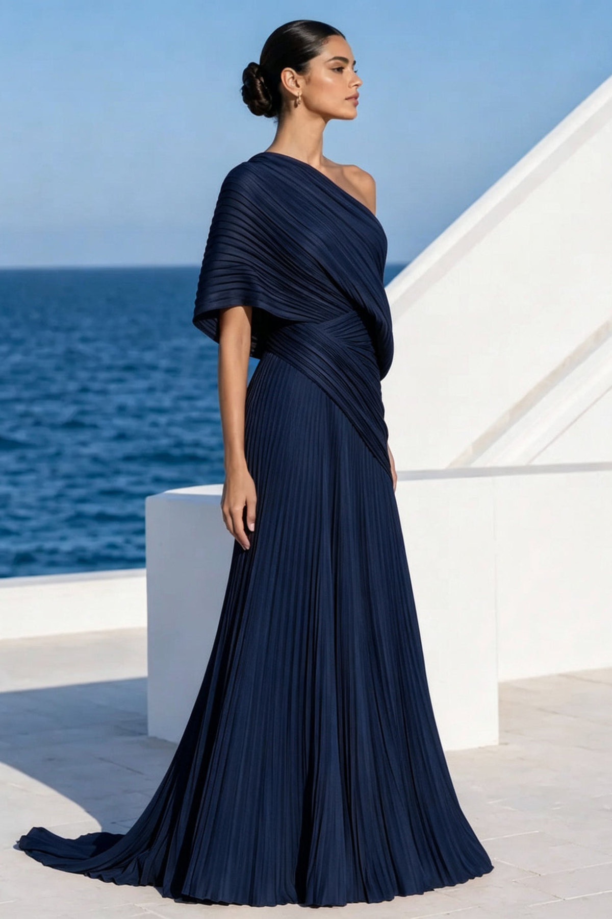 Draped One Shoulder Pleated Evening Gown