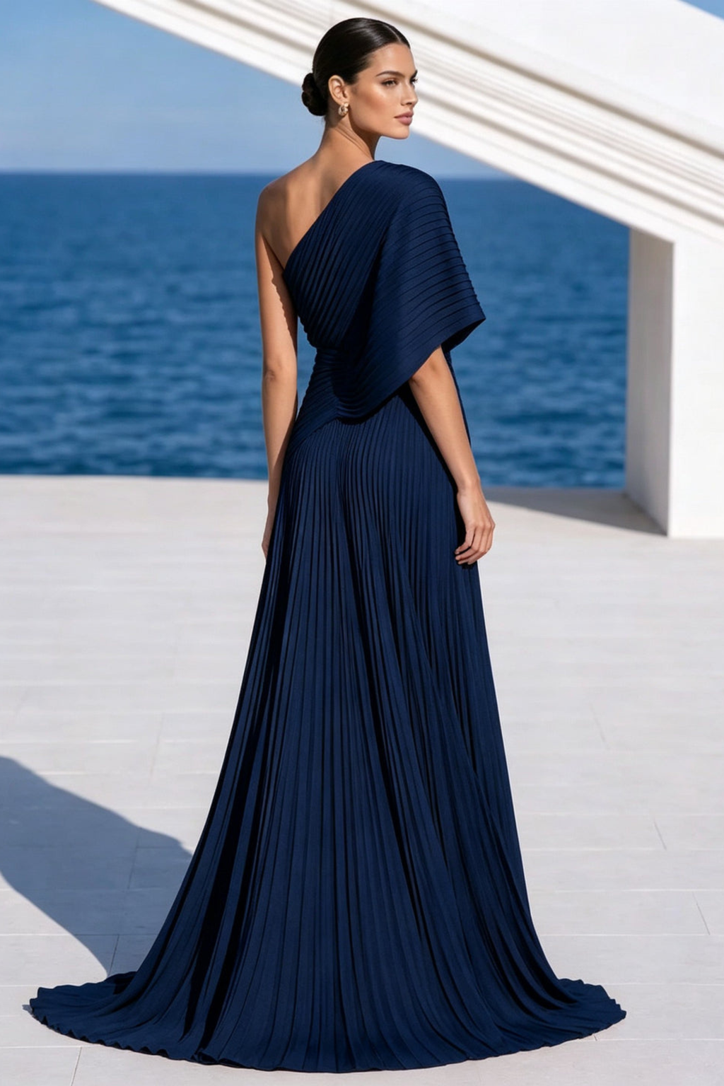 Draped One Shoulder Pleated Evening Gown