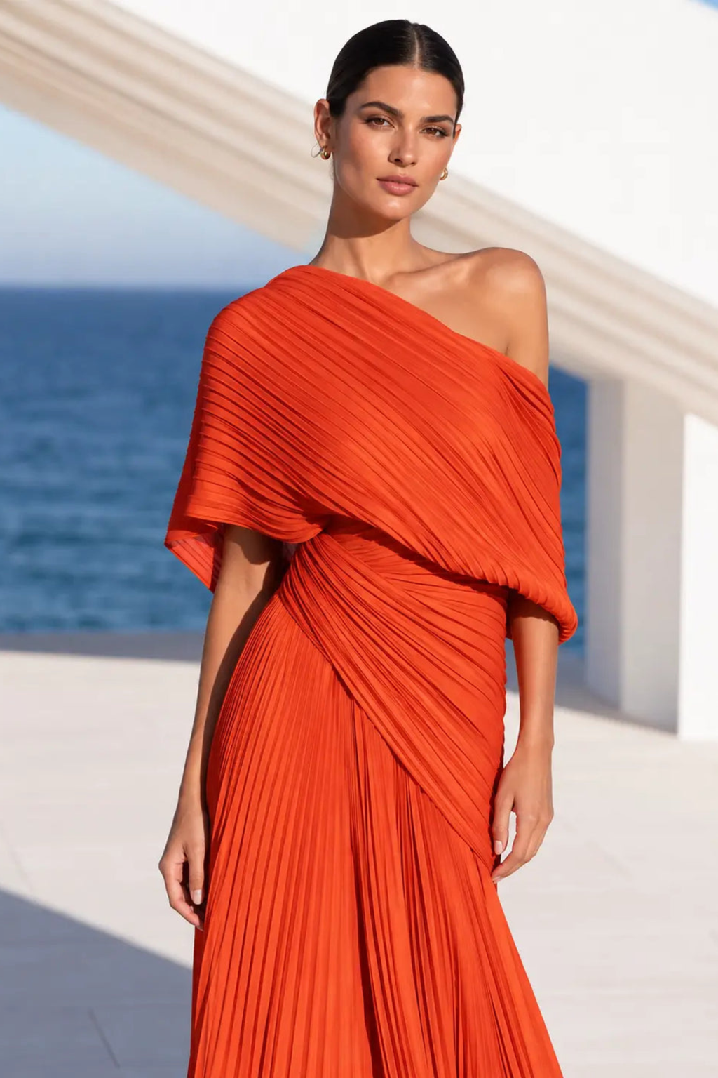 Draped One Shoulder Pleated Evening Gown