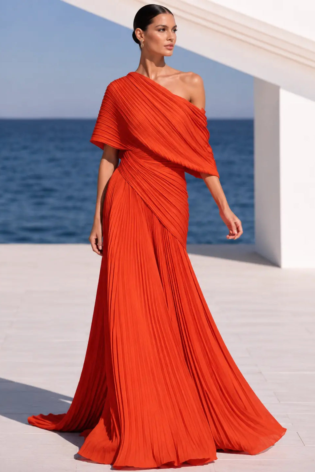 Draped One Shoulder Pleated Evening Gown
