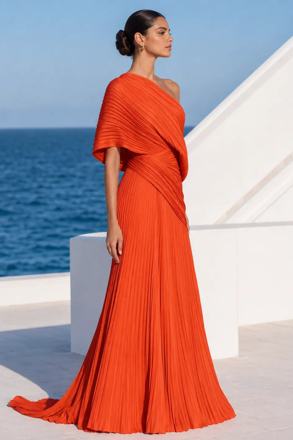 Draped One Shoulder Pleated Evening Gown