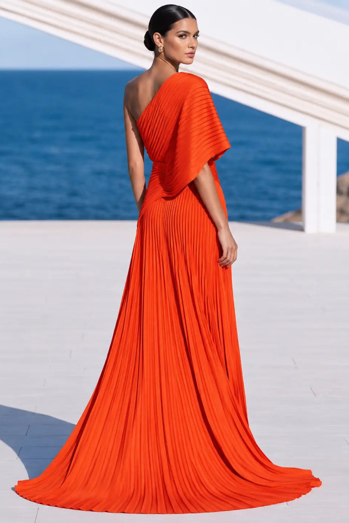 Draped One Shoulder Pleated Evening Gown
