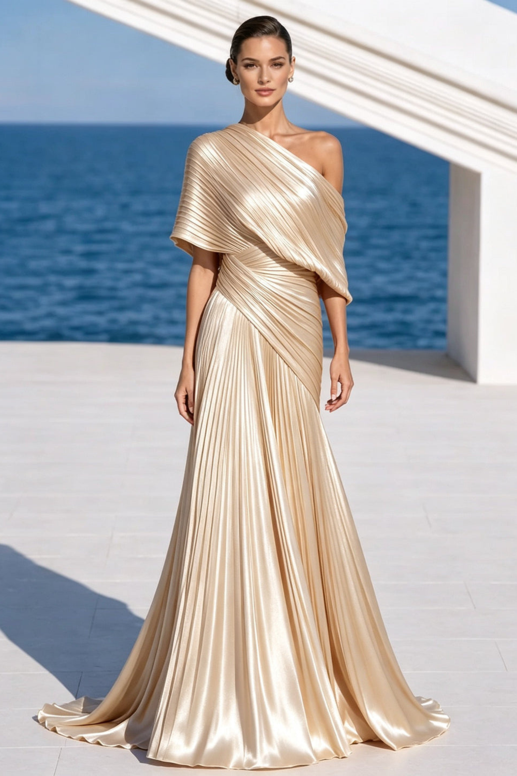Draped One Shoulder Pleated Evening Gown