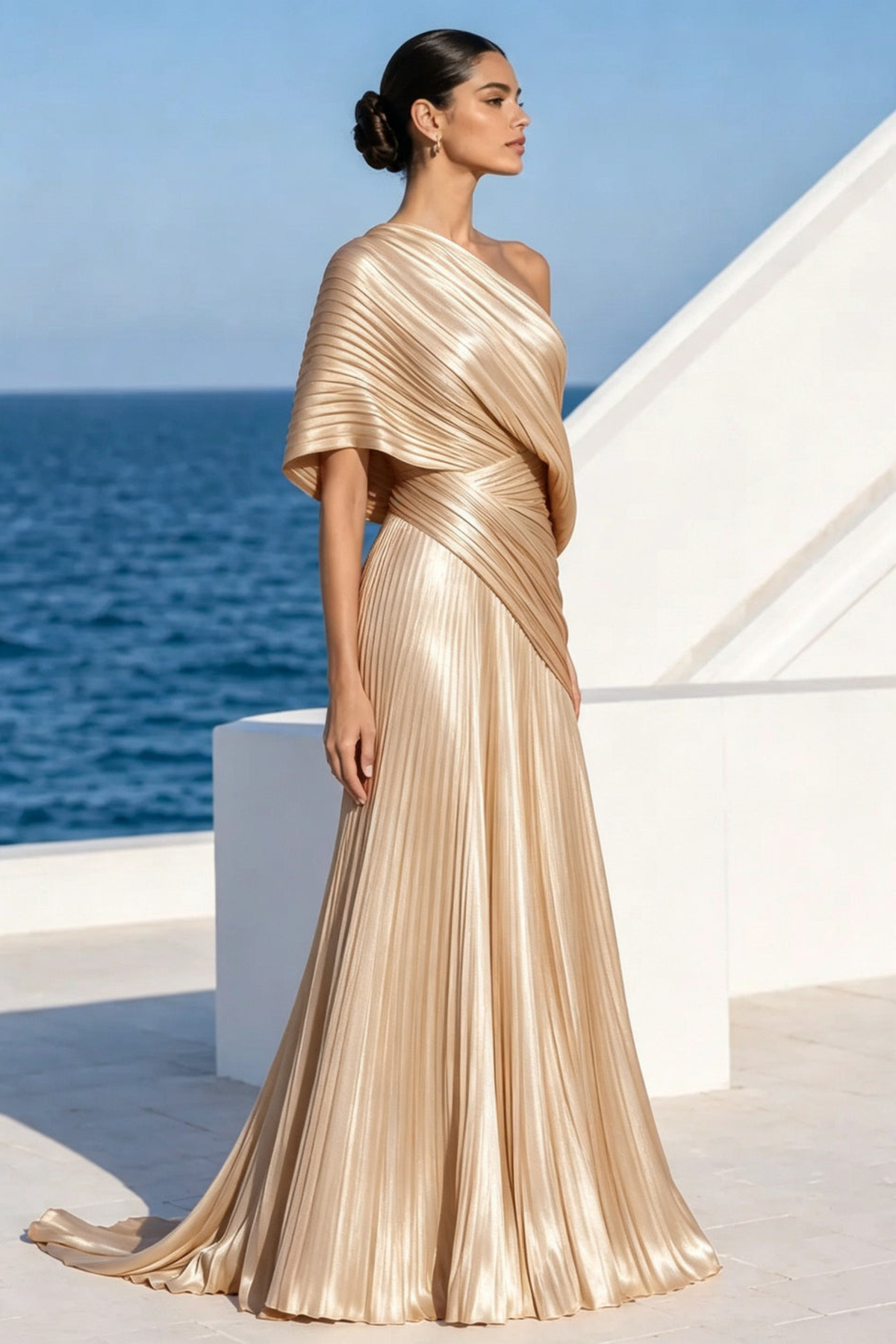 Draped One Shoulder Pleated Evening Gown