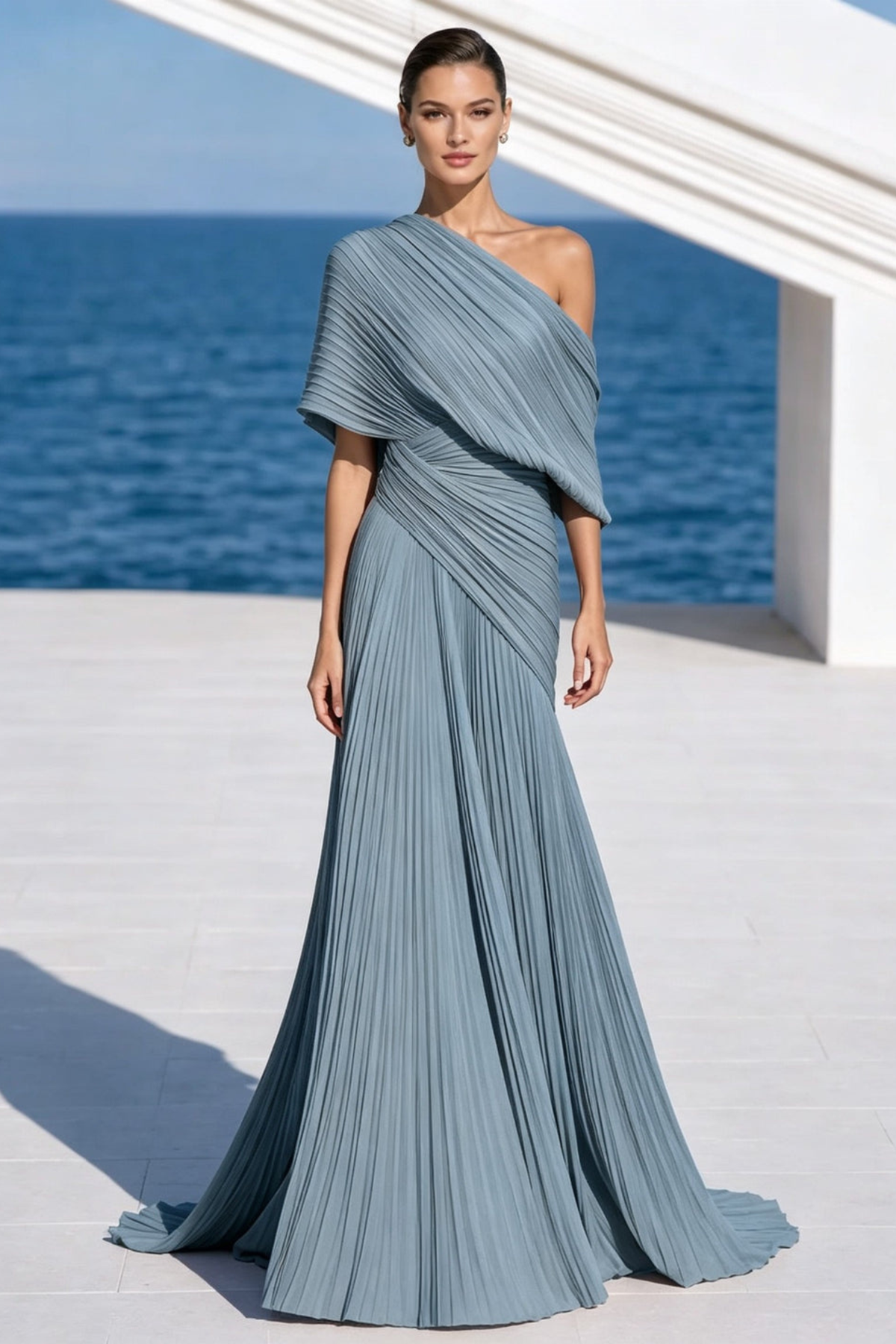 Draped One Shoulder Pleated Evening Gown
