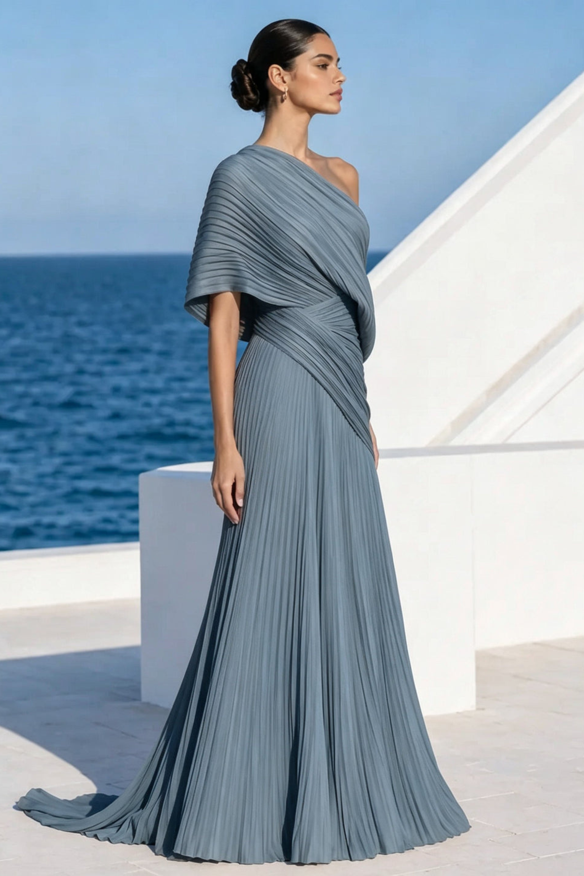 Draped One Shoulder Pleated Evening Gown
