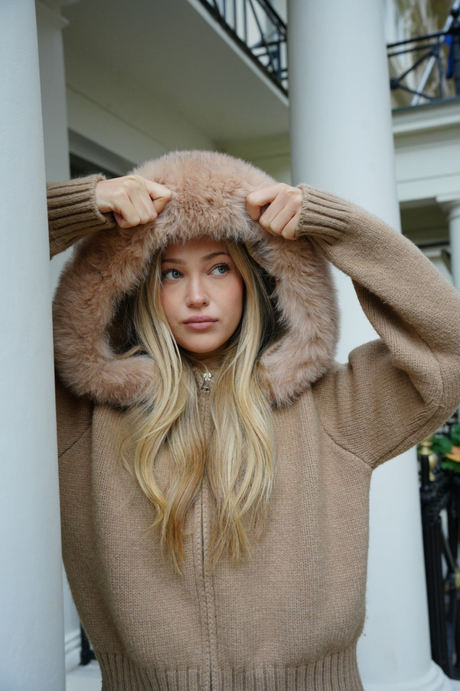 Women's Faux Fur Hooded Knit Jacket