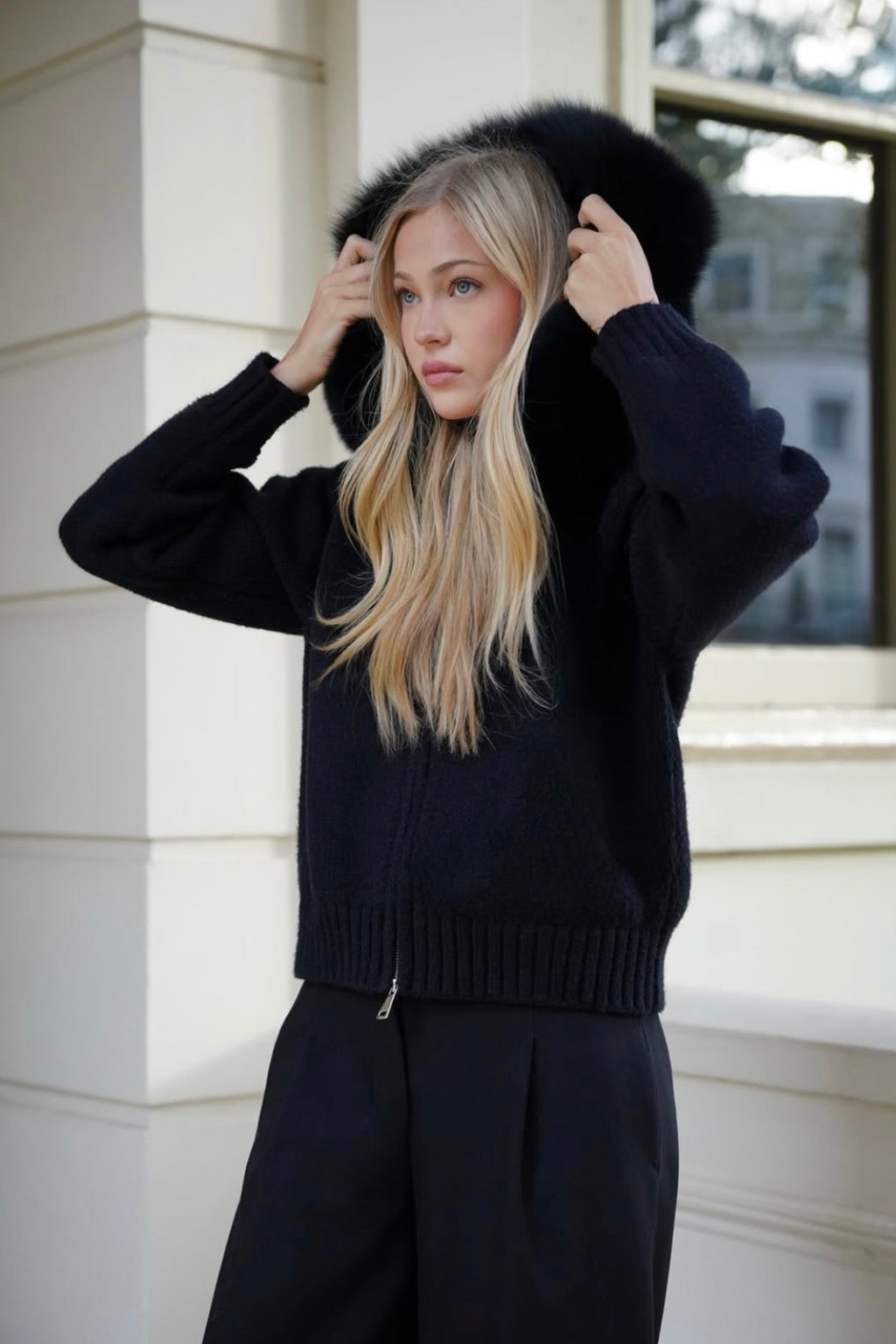 Women's Faux Fur Hooded Knit Jacket
