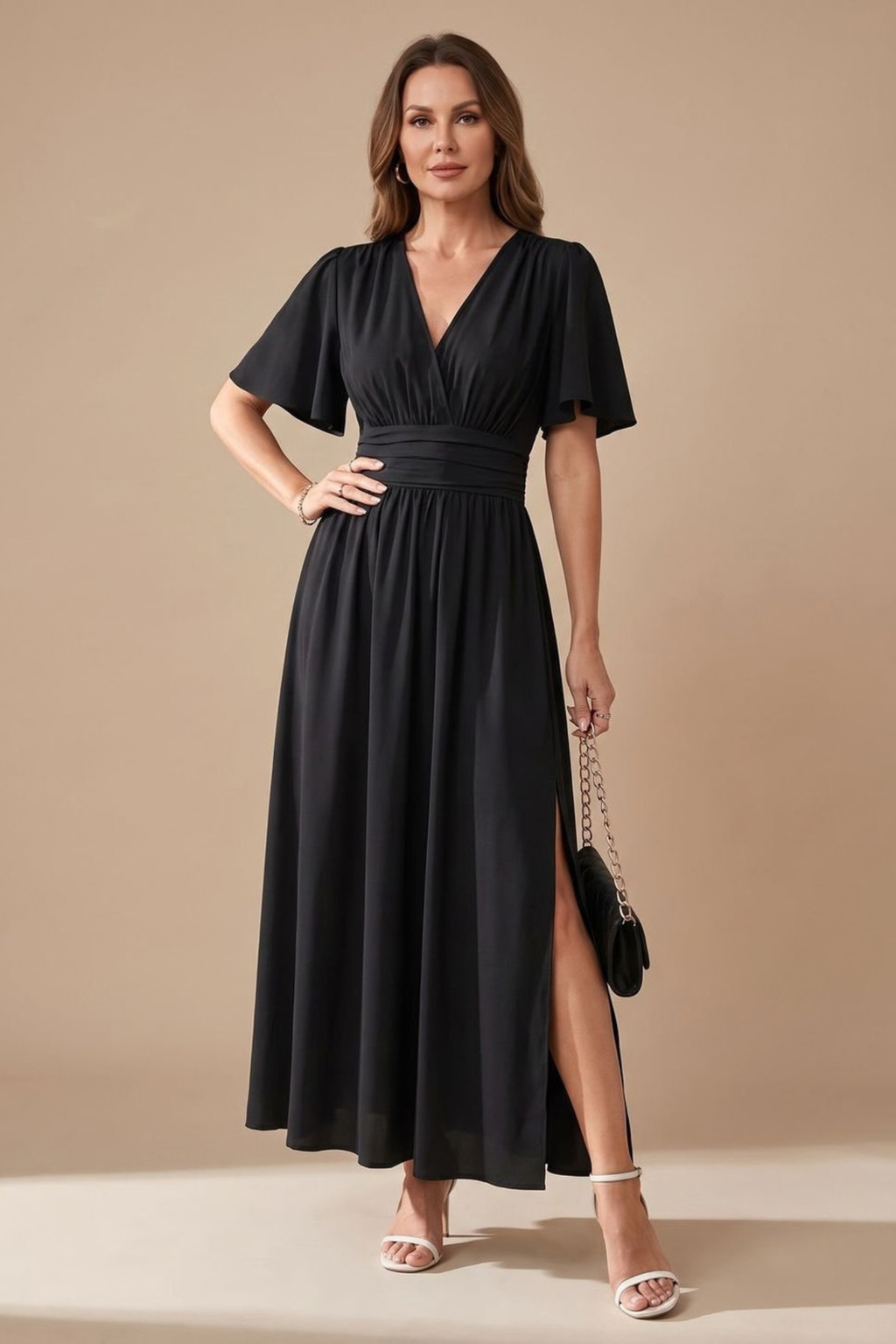 Flutter Sleeve Ruched Waist Maxi Dress