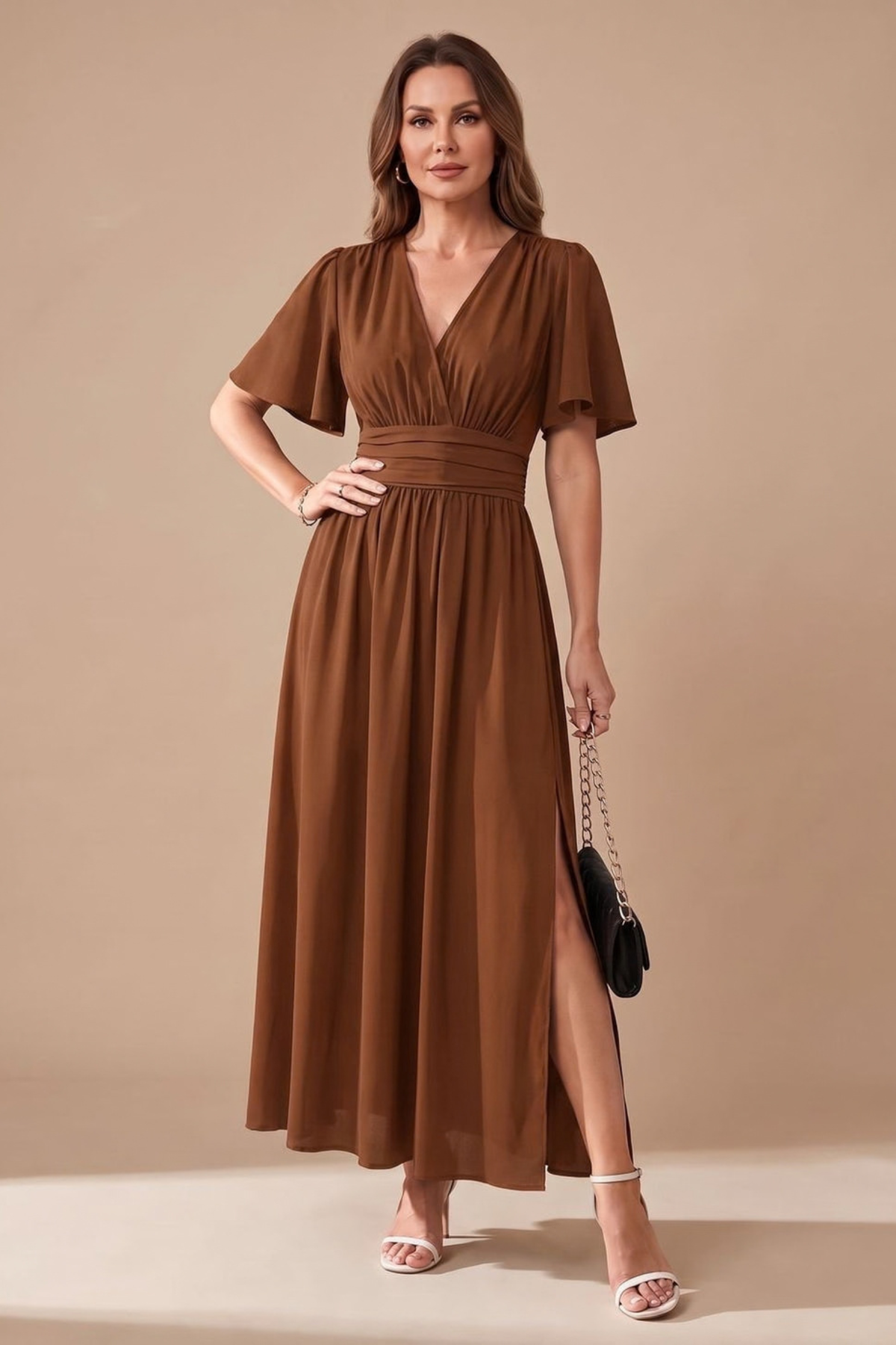Flutter Sleeve Ruched Waist Maxi Dress