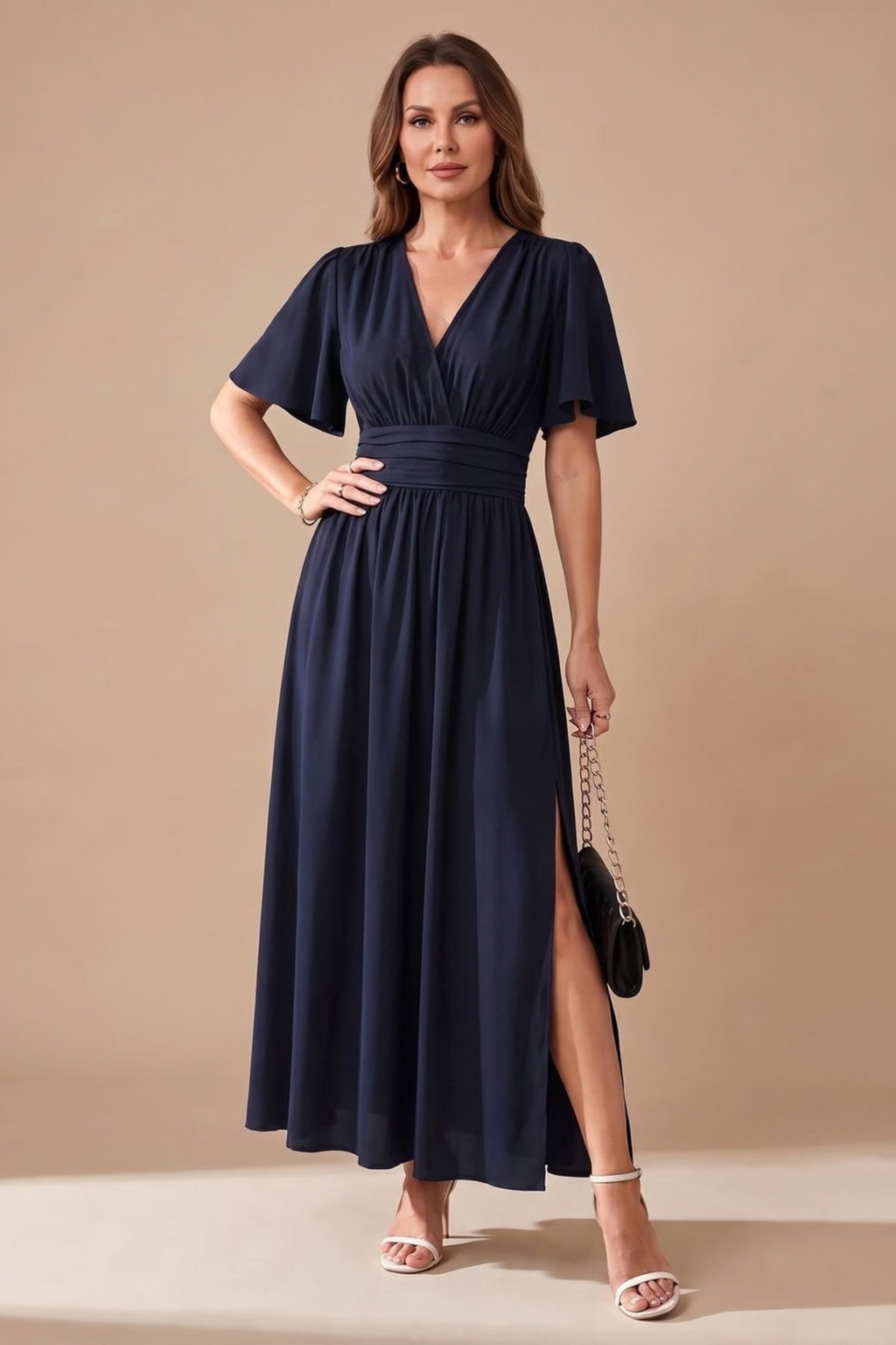 Flutter Sleeve Ruched Waist Maxi Dress