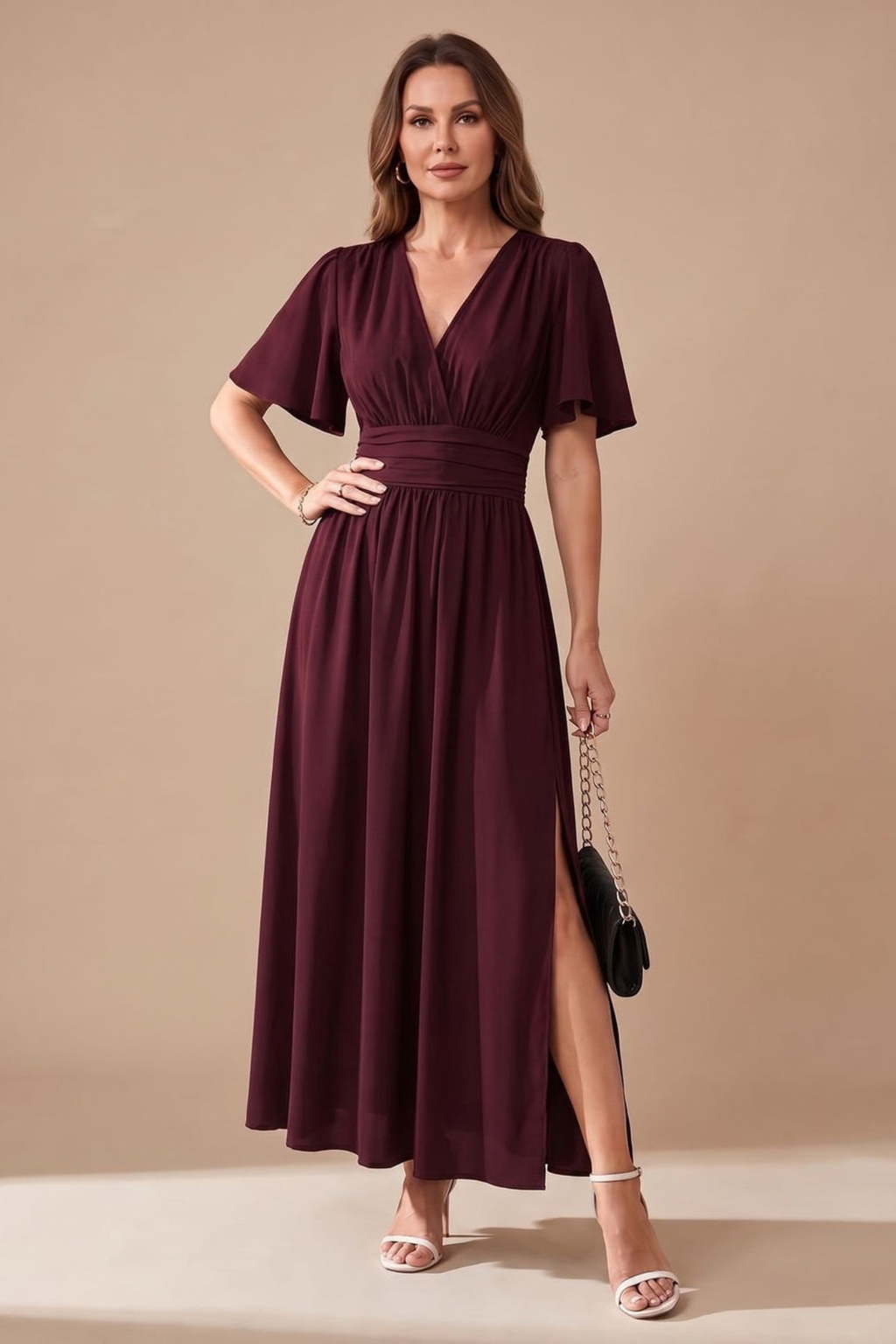 Flutter Sleeve Ruched Waist Maxi Dress