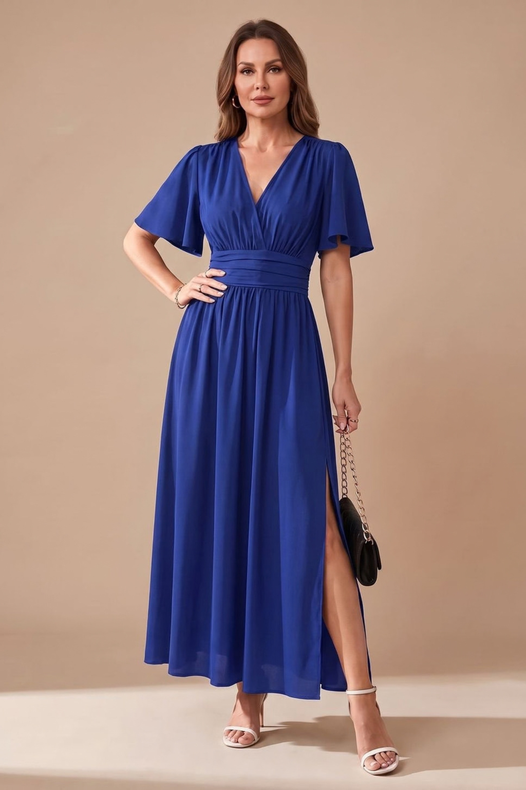 Flutter Sleeve Ruched Waist Maxi Dress