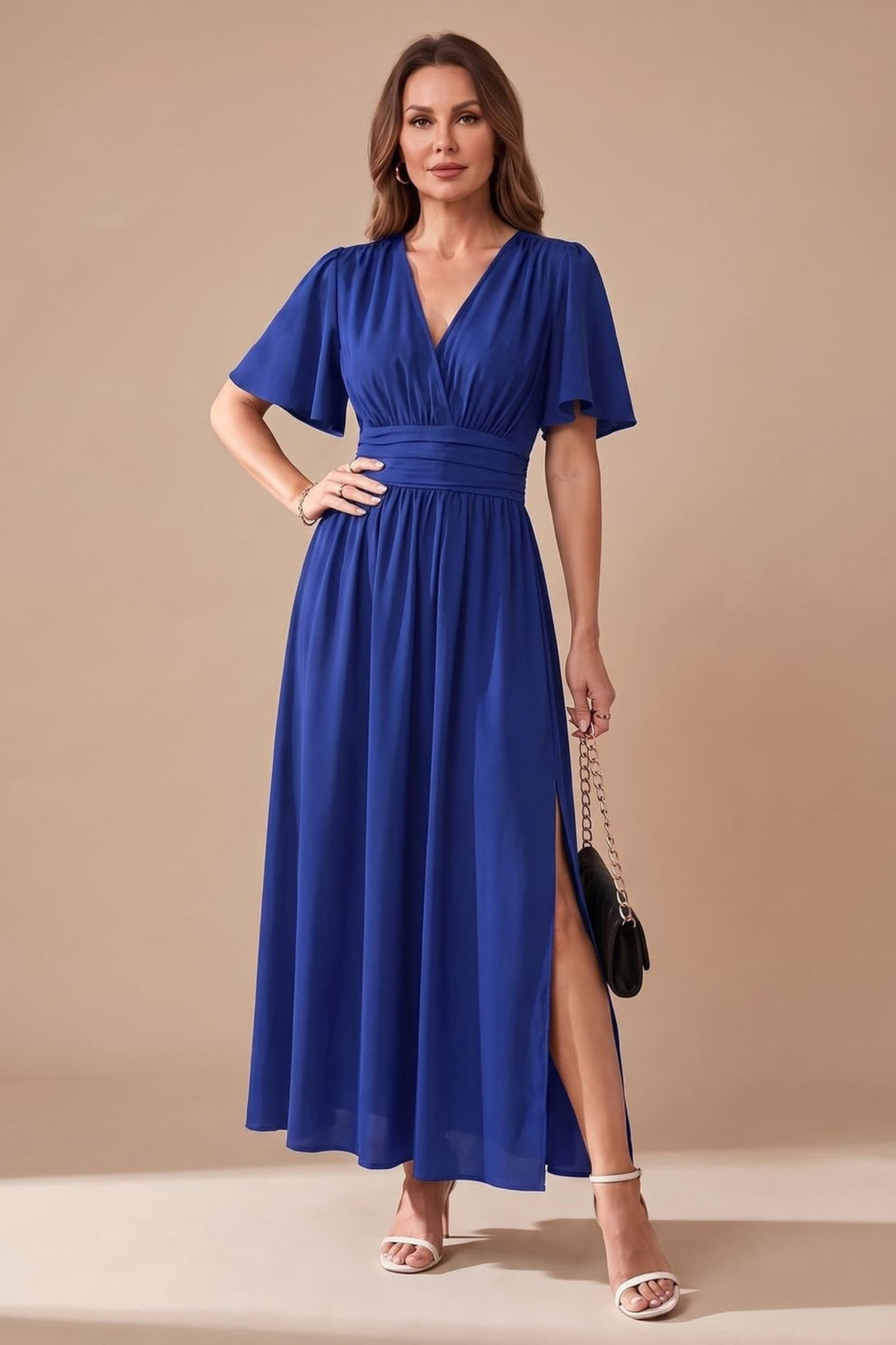 Flutter Sleeve Ruched Waist Maxi Dress