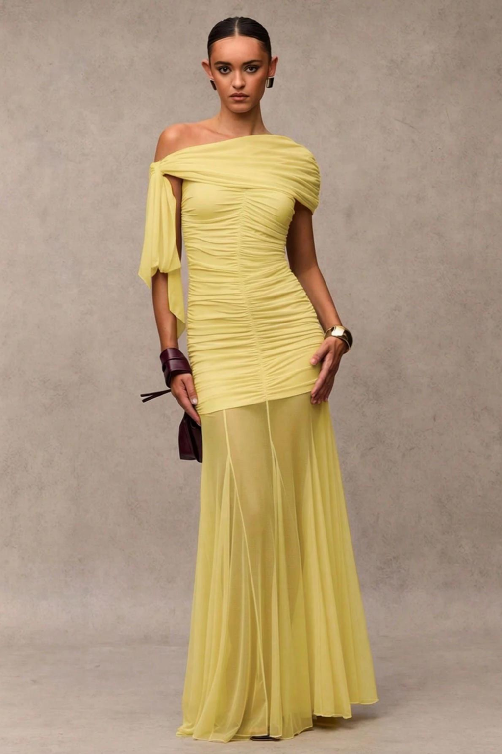 Gathered Asymmetric Neck Maxi Dress