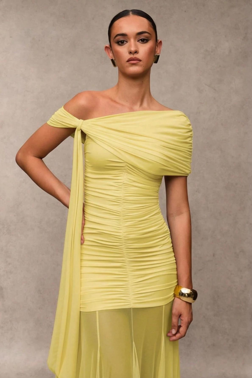 Gathered Asymmetric Neck Maxi Dress